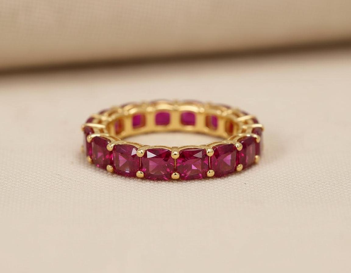 Cushion Cut Ruby Wedding Band, Full Eternity Stacking Ring for Women, 18K Gold Matching Ring, July Birthstone Gift