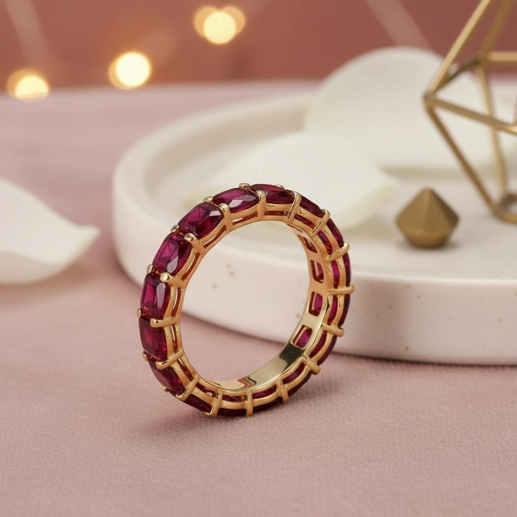 Cushion Cut Ruby Wedding Band, Full Eternity Stacking Ring for Women, 18K Gold Matching Ring, July Birthstone Gift