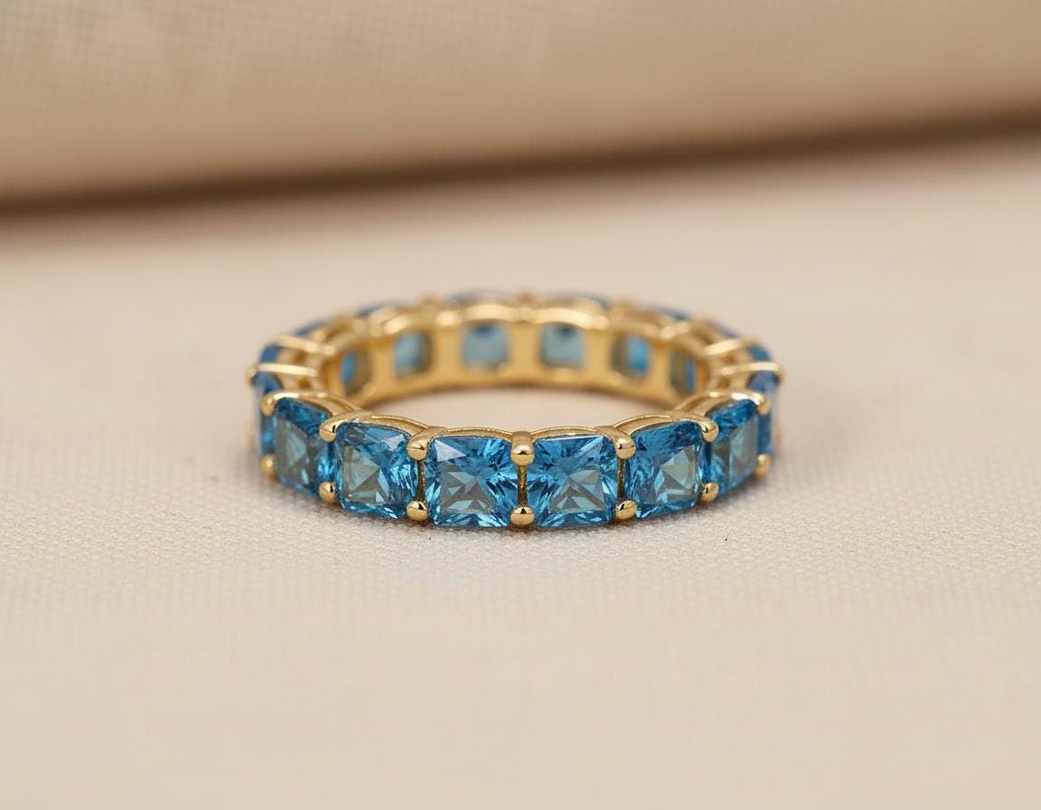 Cushion Cut Blue Zircon Wedding Band, Full Eternity Stacking Ring for Women, 18K Gold Matching Ring, December Birthstone Gift