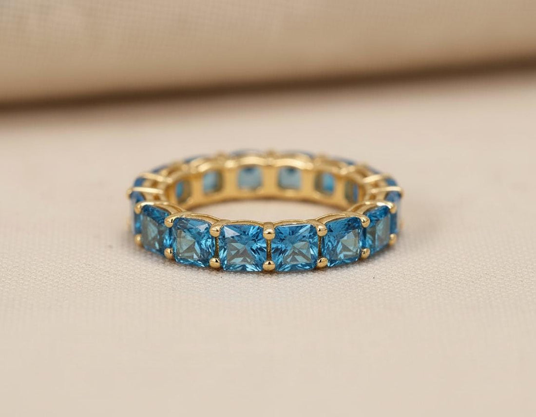 Cushion Cut Blue Zircon Wedding Band, Full Eternity Stacking Ring for Women, 18K Gold Matching Ring, December Birthstone Gift