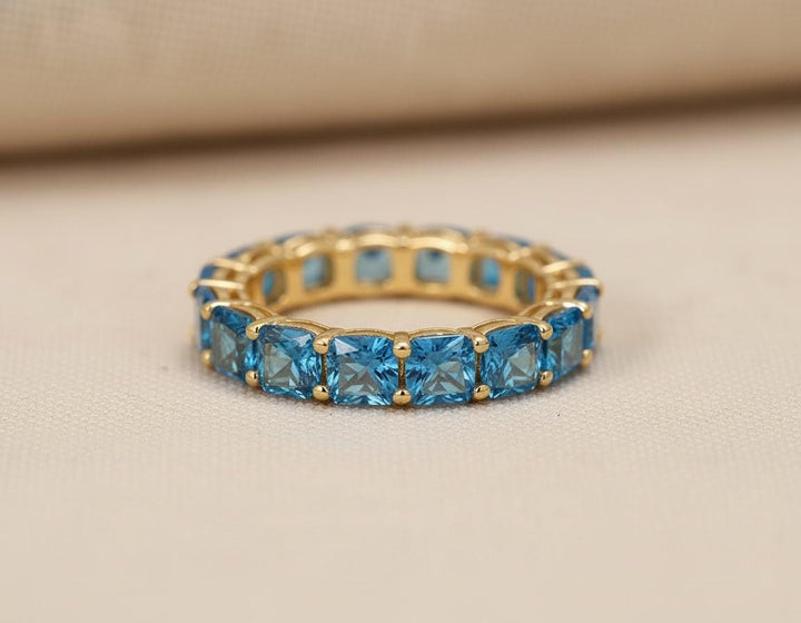 Cushion Cut Blue Zircon Wedding Band, Full Eternity Stacking Ring for Women, 18K Gold Matching Ring, December Birthstone Gift