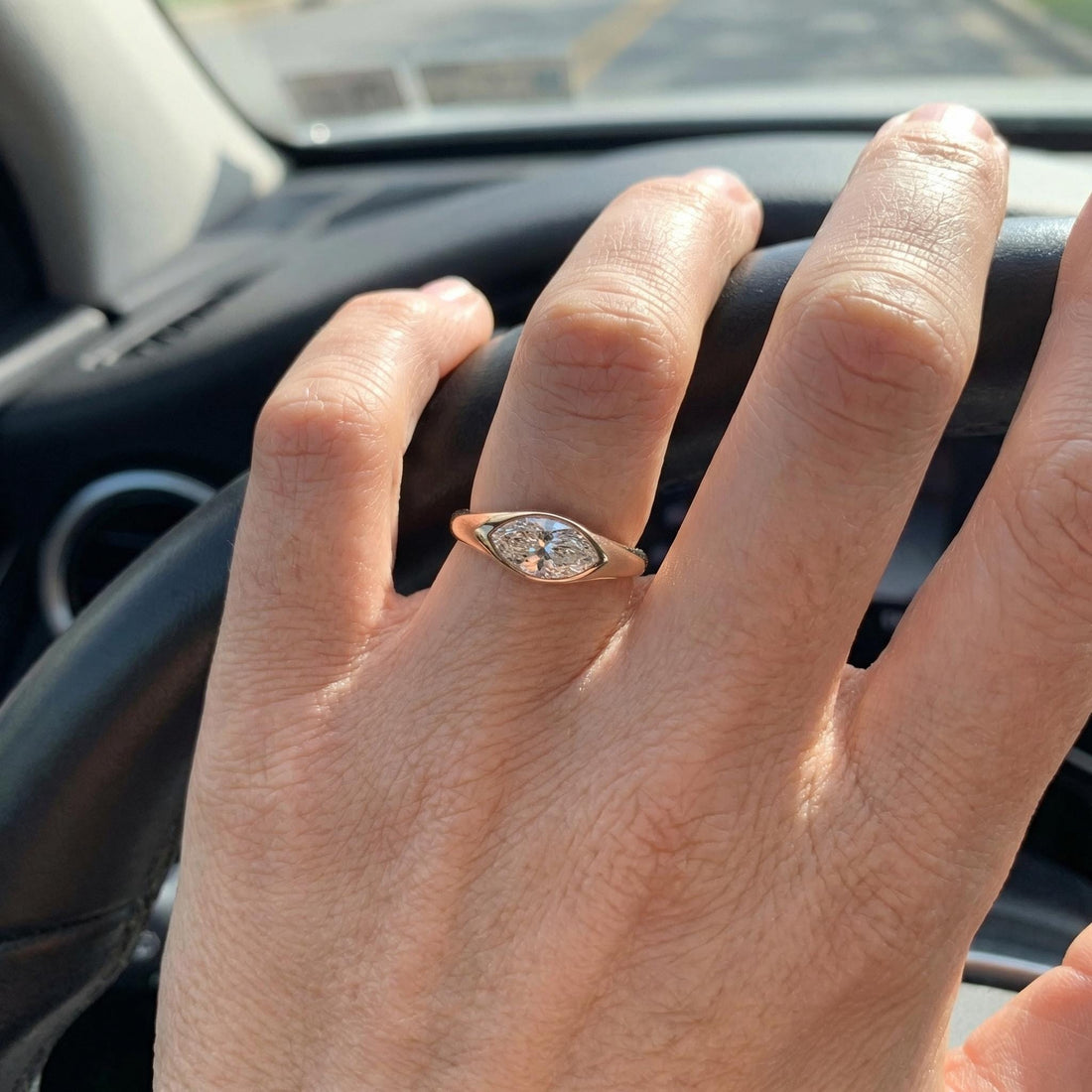 1.5ct Marquise Bezel Moissanite Ring, 14K Solid Gold Signet Engagement Ring, Minimalist Pinky Promise Gift, Unique Solitaire Gold Ring