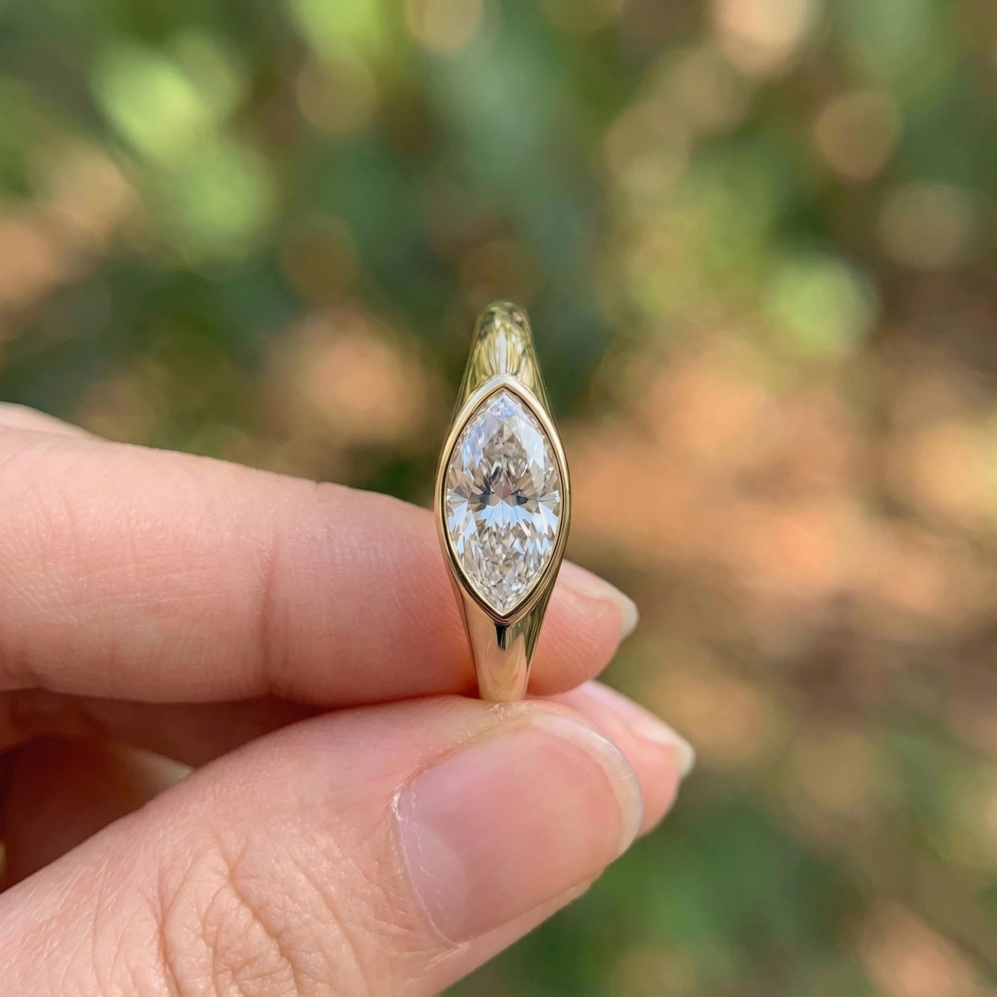 1.5ct Marquise Bezel Moissanite Ring, 14K Solid Gold Signet Engagement Ring, Minimalist Pinky Promise Gift, Unique Solitaire Gold Ring