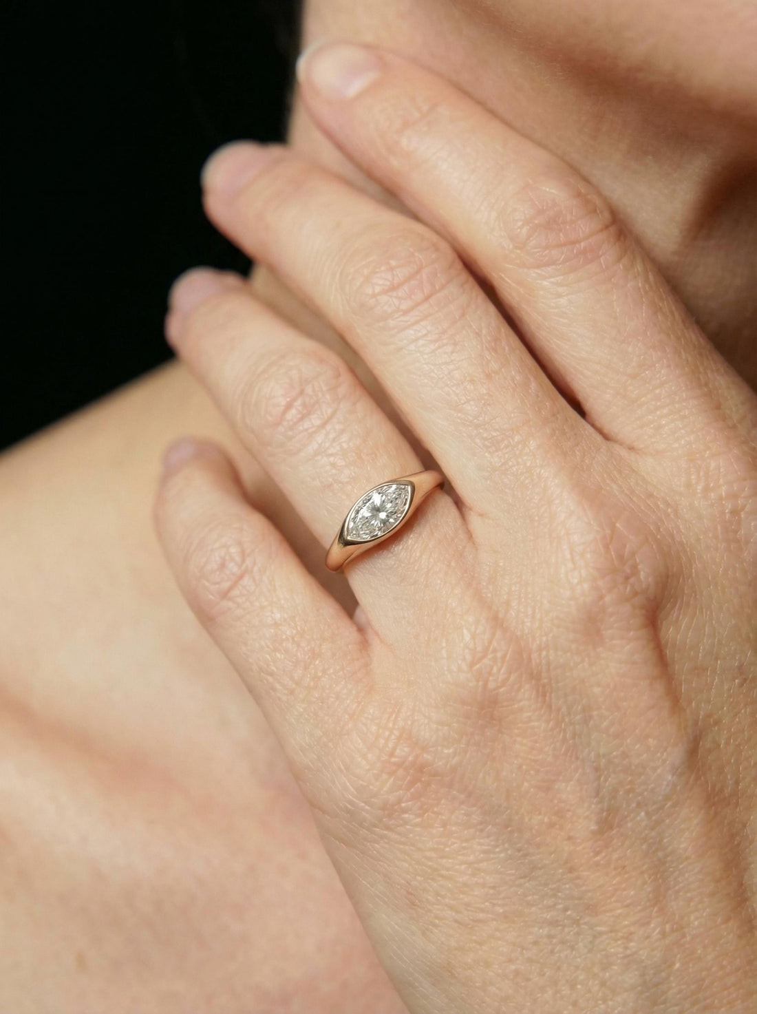1.5ct Marquise Bezel Moissanite Ring, 14K Solid Gold Signet Engagement Ring, Minimalist Pinky Promise Gift, Unique Solitaire Gold Ring