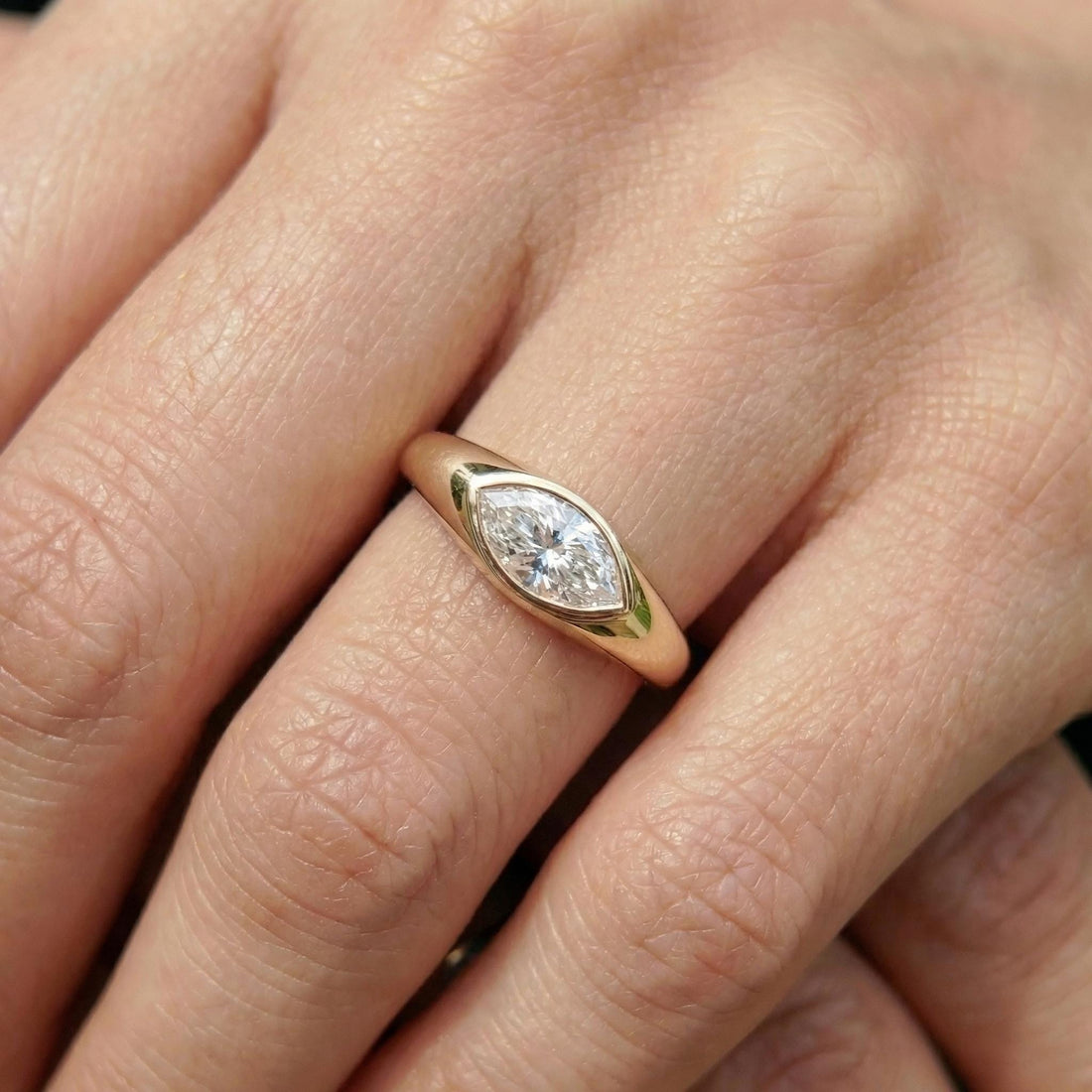 1.5ct Marquise Bezel Moissanite Ring, 14K Solid Gold Signet Engagement Ring, Minimalist Pinky Promise Gift, Unique Solitaire Gold Ring
