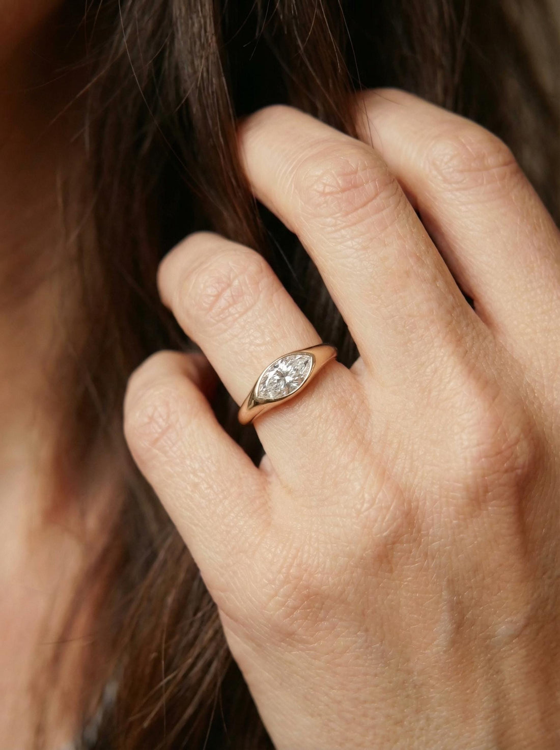 1.5ct Marquise Bezel Moissanite Ring, 14K Solid Gold Signet Engagement Ring, Minimalist Pinky Promise Gift, Unique Solitaire Gold Ring