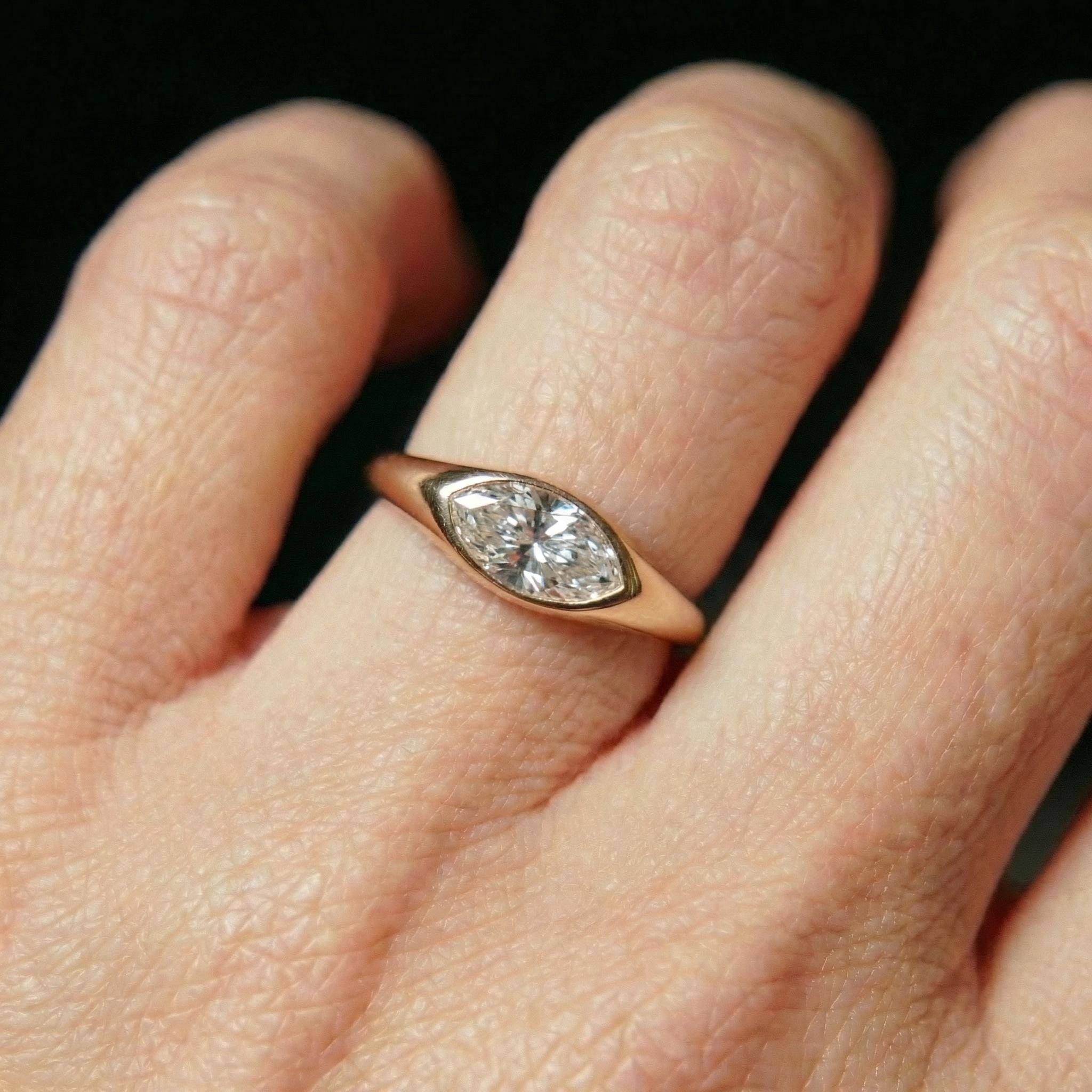 1.5ct Marquise Bezel Moissanite Ring, 14K Solid Gold Signet Engagement Ring, Minimalist Pinky Promise Gift, Unique Solitaire Gold Ring
