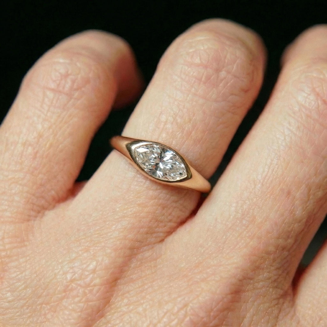 1.5ct Marquise Bezel Moissanite Ring, 14K Solid Gold Signet Engagement Ring, Minimalist Pinky Promise Gift, Unique Solitaire Gold Ring