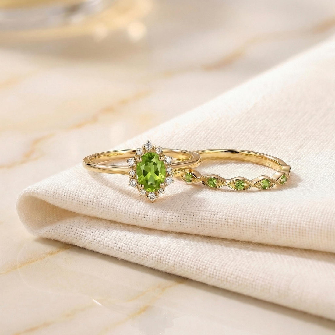 0.60ct Peridot Engagement Ring Set, 18K Solid Gold Vintage Halo Wedding Ring for Women, Oval Bridal Set August Birthstone
