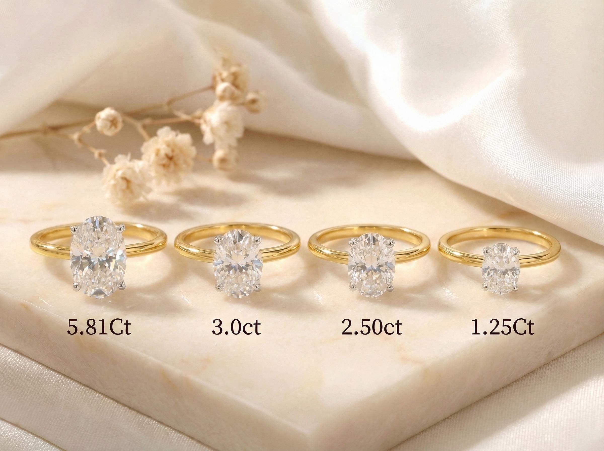 1.25ct - 5.81ct Oval Cut Simulated Diamond Ring, Two-Tone Yellow Gold Vermeil Solitaire, Dainty Travel Engagement Ring, Silver Promise Ring