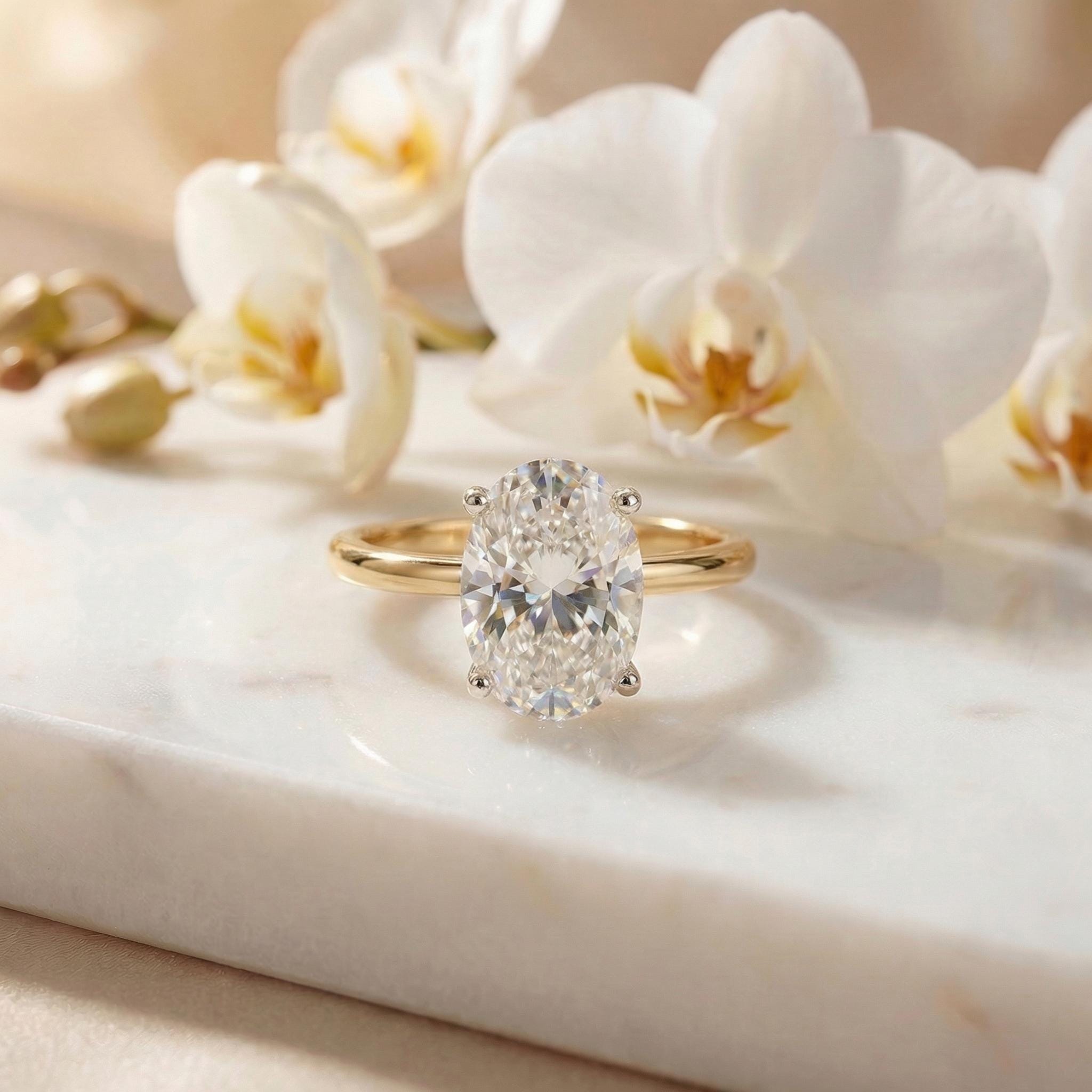 1.25ct - 5.81ct Oval Cut Simulated Diamond Ring, Two-Tone Yellow Gold Vermeil Solitaire, Dainty Travel Engagement Ring, Silver Promise Ring