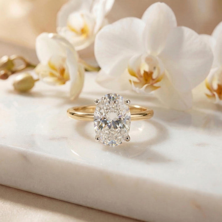 1.25ct - 5.81ct Oval Cut Simulated Diamond Ring, Two-Tone Yellow Gold Vermeil Solitaire, Dainty Travel Engagement Ring, Silver Promise Ring