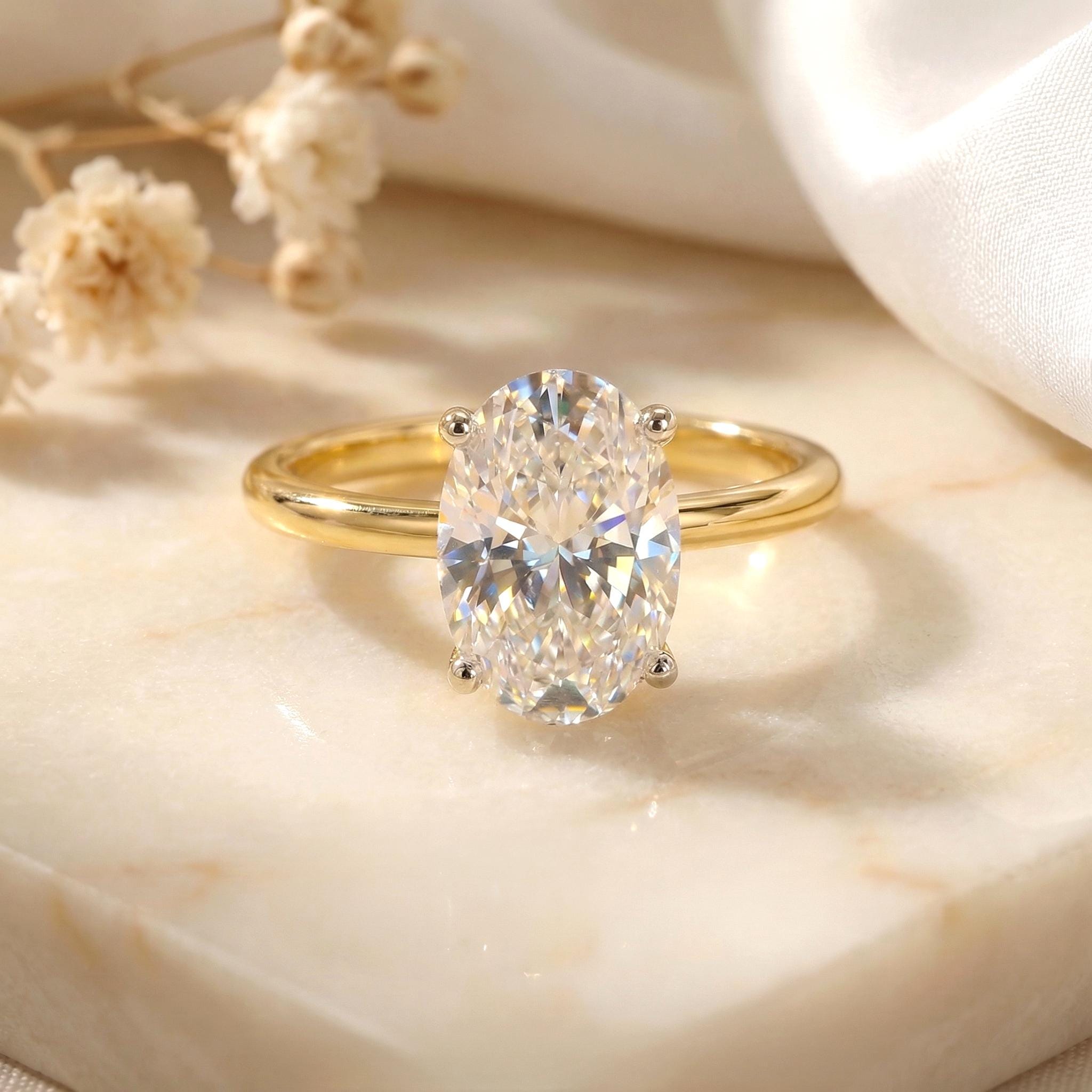 1.25ct - 5.81ct Oval Cut Simulated Diamond Ring, Two-Tone Yellow Gold Vermeil Solitaire, Dainty Travel Engagement Ring, Silver Promise Ring