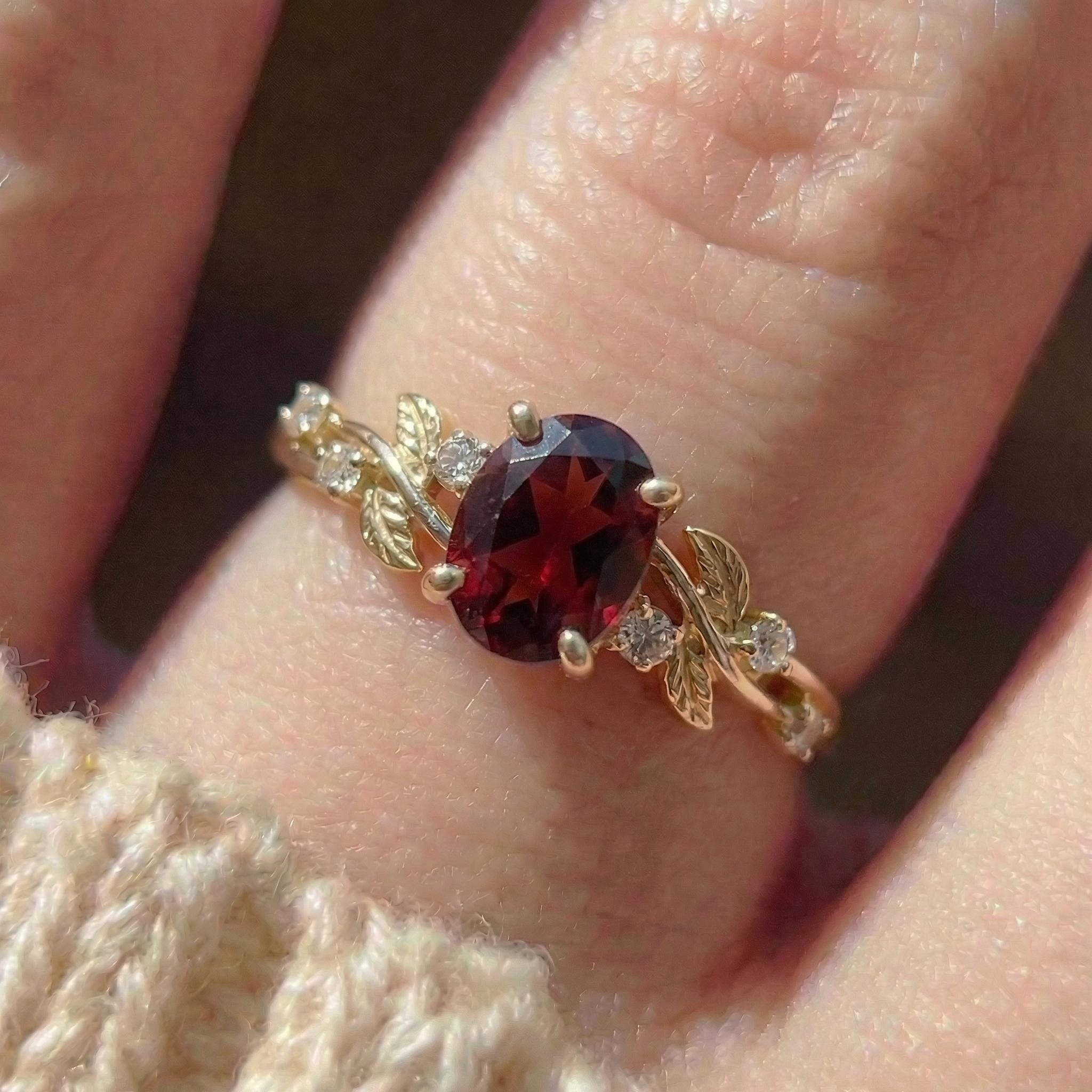 Garnet Ring for Women – Meaningful Gift – 14K Gold Nature Inspired Jewelry