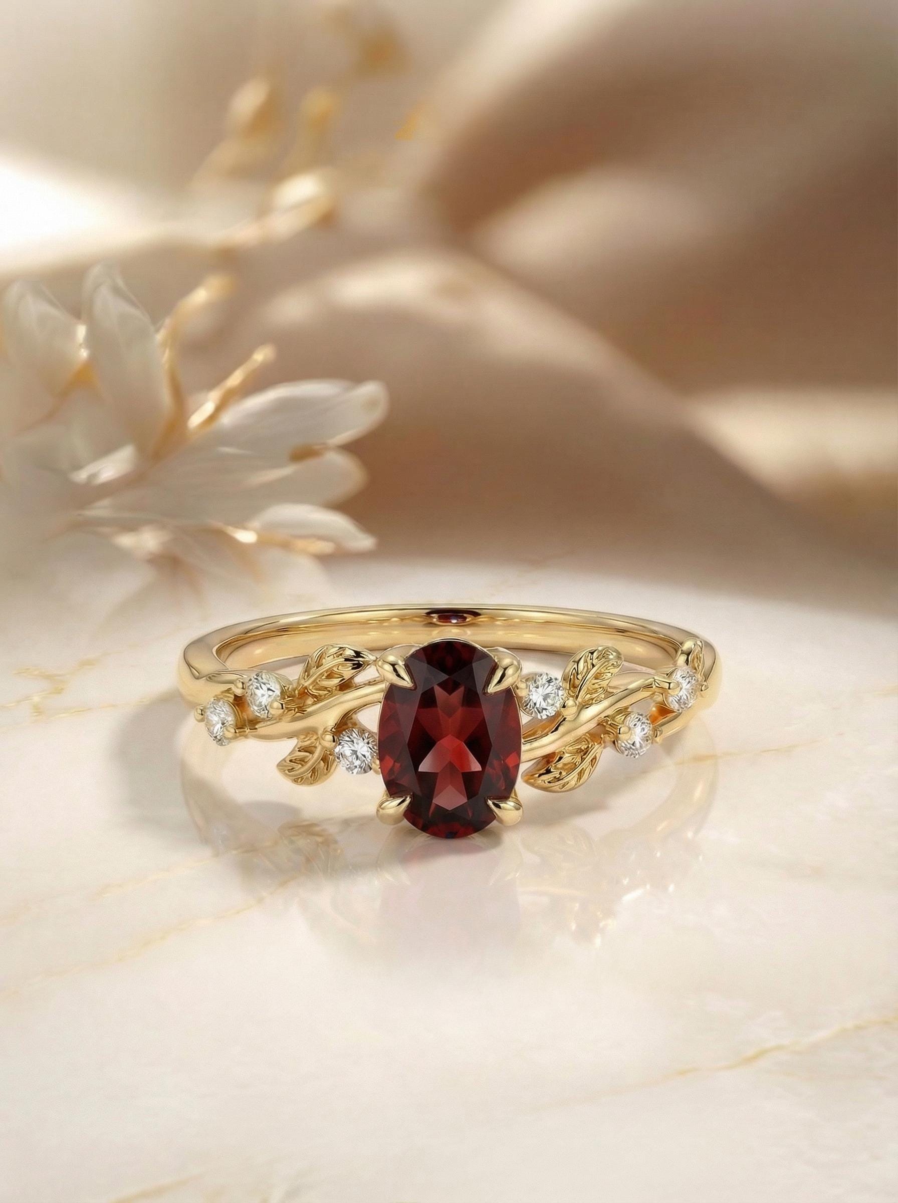 Garnet Ring for Women – Meaningful Gift – 14K Gold Nature Inspired Jewelry