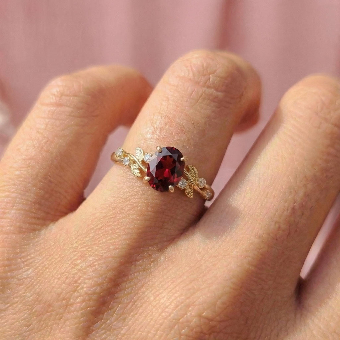 Garnet Ring for Women – Meaningful Gift – 14K Gold Nature Inspired Jewelry