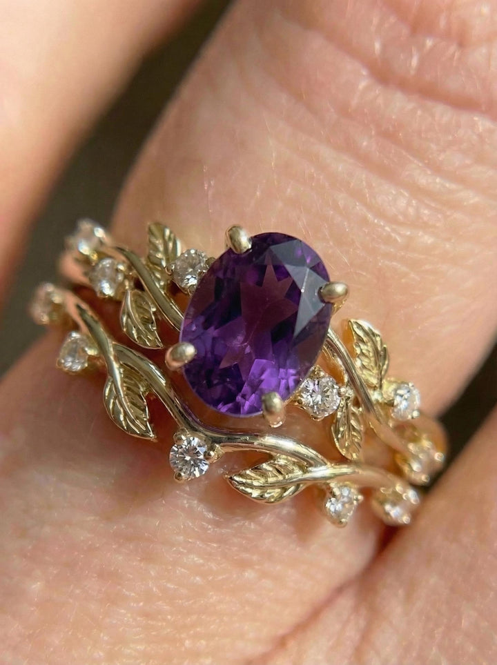 Amethyst Ring for Women – Push Present Gift – 14K Gold Nature Inspired Jewelry