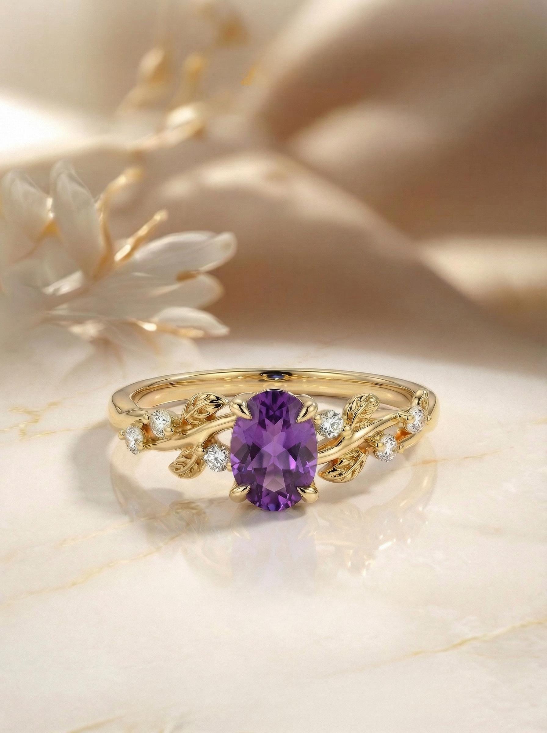 Amethyst Ring for Women – Push Present Gift – 14K Gold Nature Inspired Jewelry