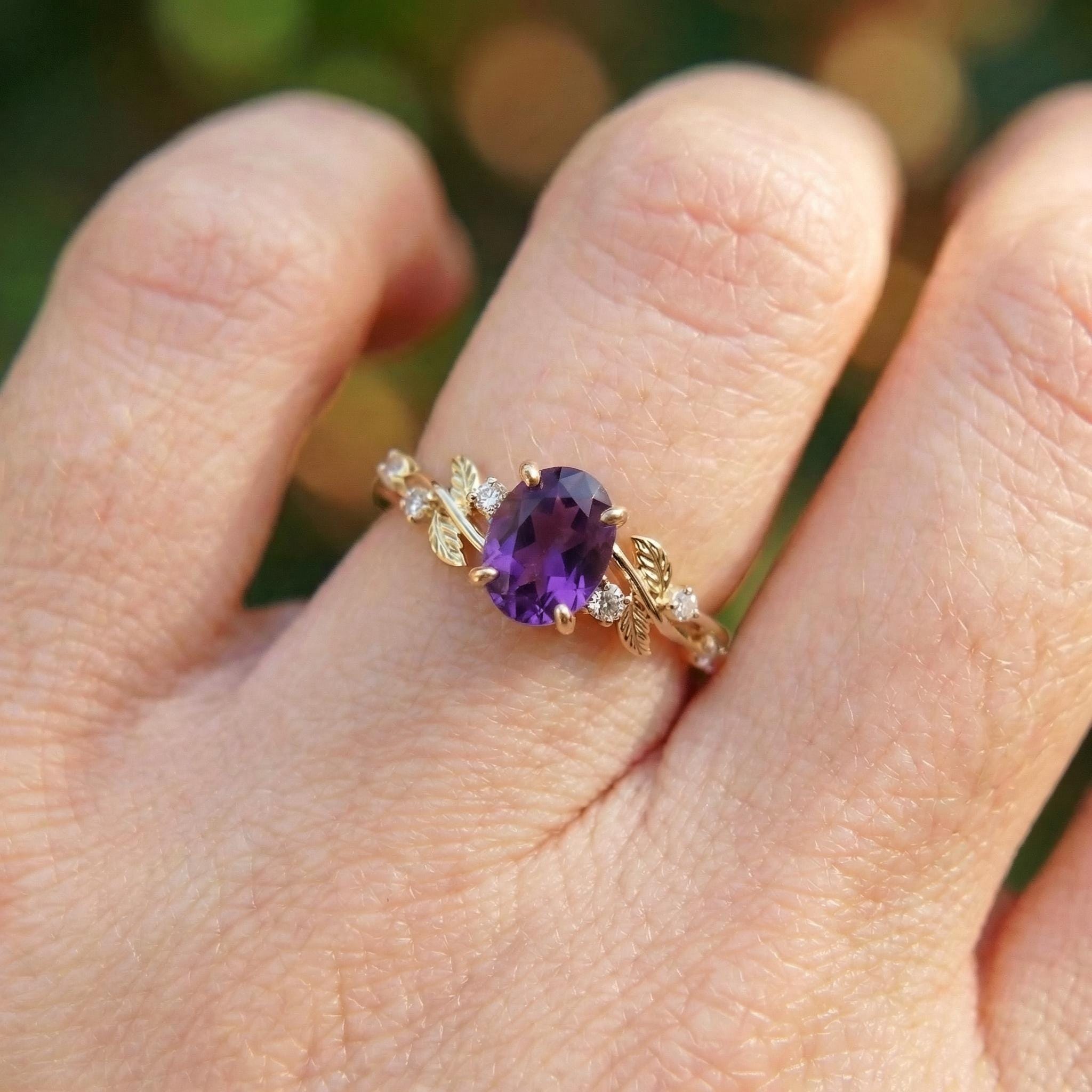 Amethyst Ring for Women – Push Present Gift – 14K Gold Nature Inspired Jewelry