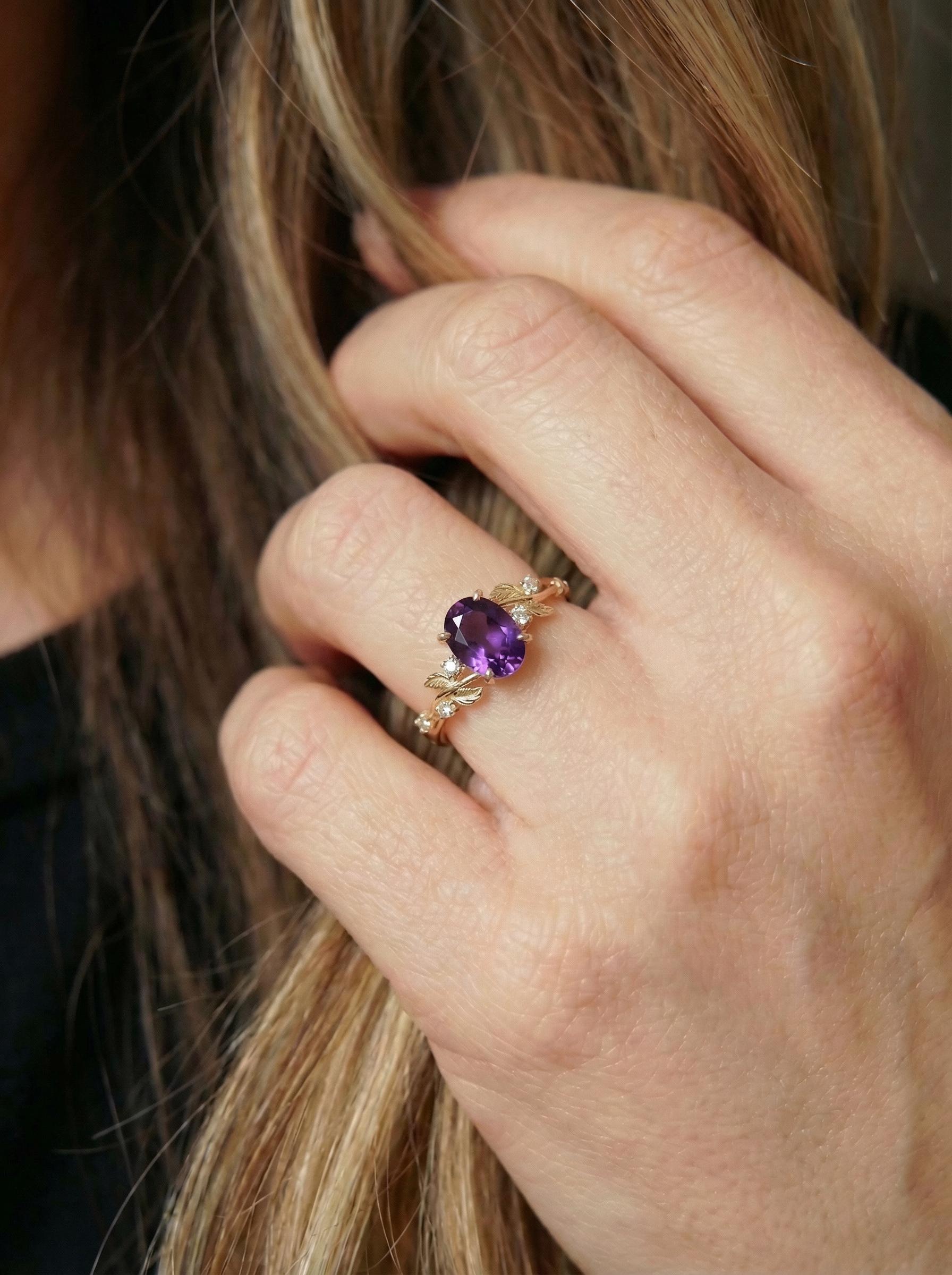 Amethyst Ring for Women – Push Present Gift – 14K Gold Nature Inspired Jewelry