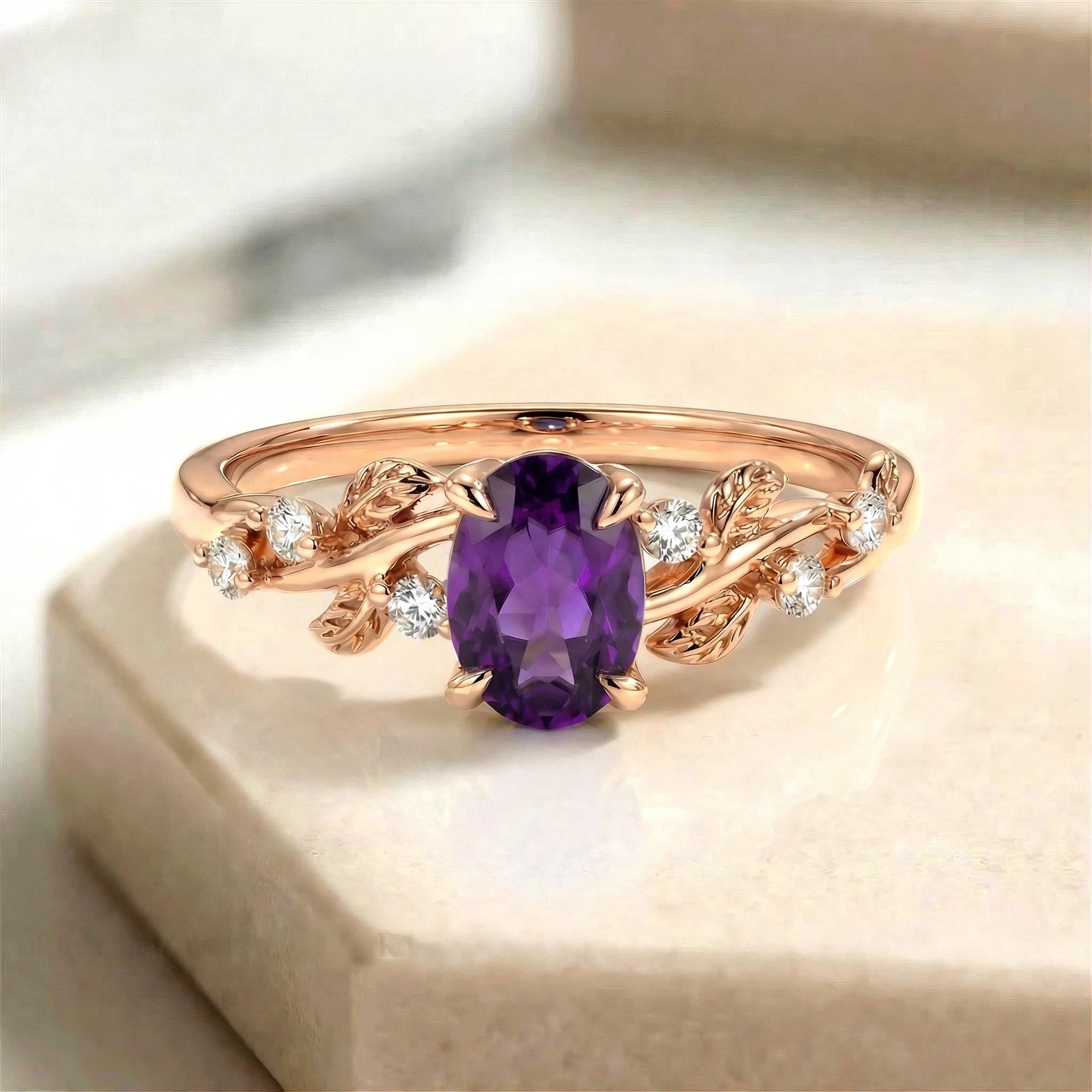 Amethyst Ring for Women – Push Present Gift – 14K Gold Nature Inspired Jewelry