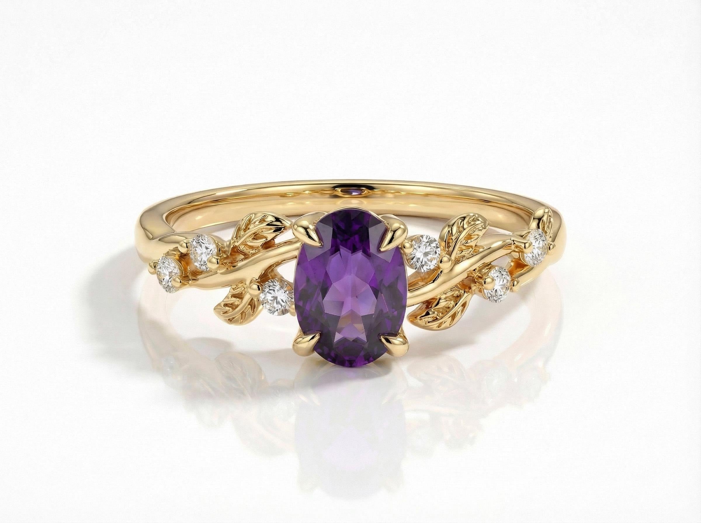Amethyst Ring for Women – Push Present Gift – 14K Gold Nature Inspired Jewelry