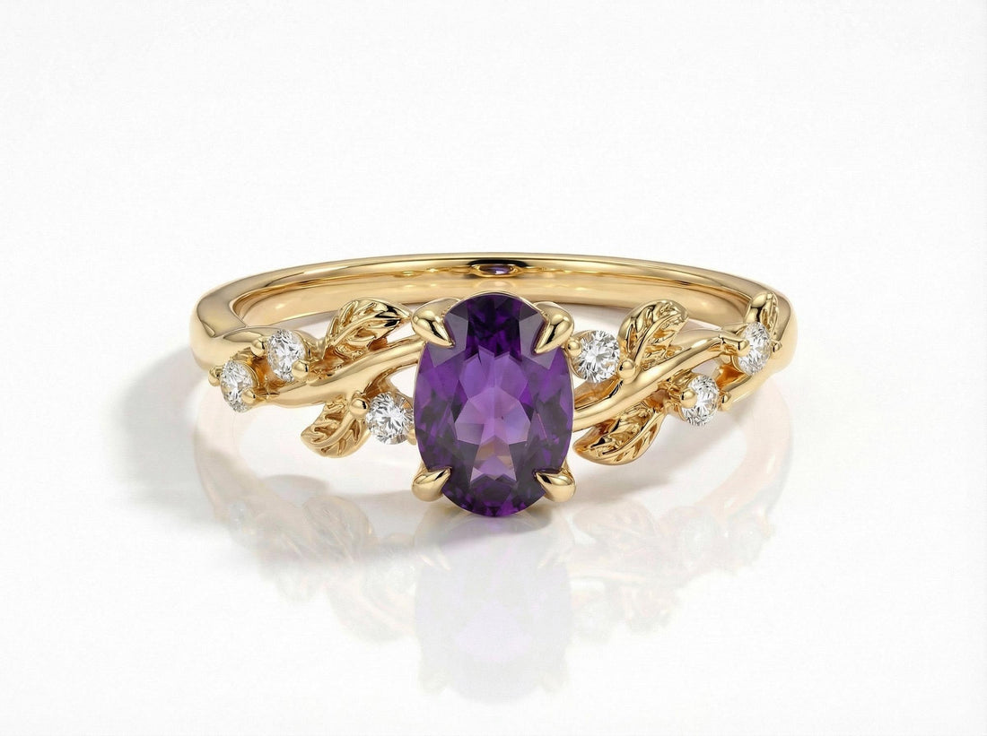 Amethyst Ring for Women – Push Present Gift – 14K Gold Nature Inspired Jewelry