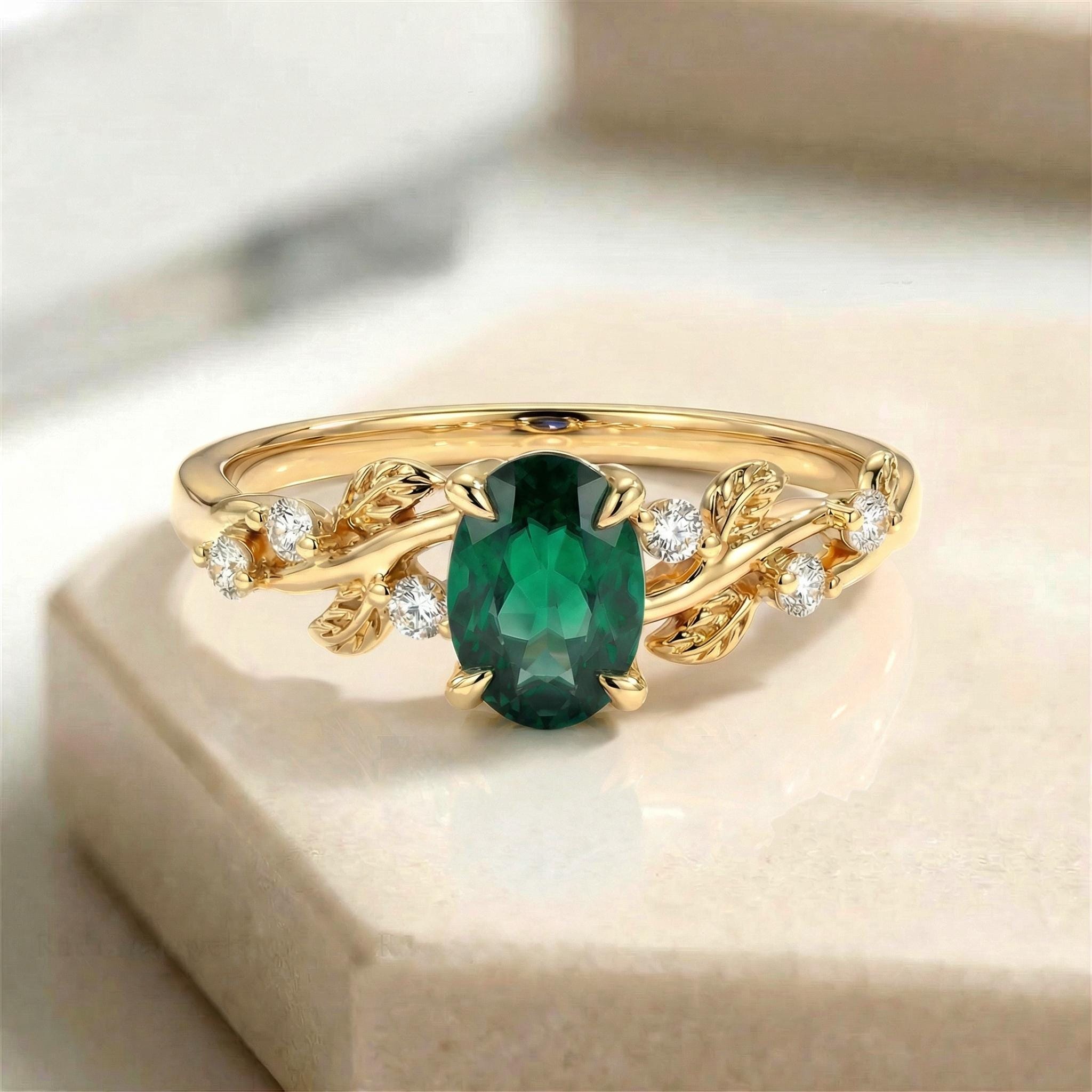 Emerald Ring for Women – Gift for Mom – 14K Gold Nature Inspired Jewelry
