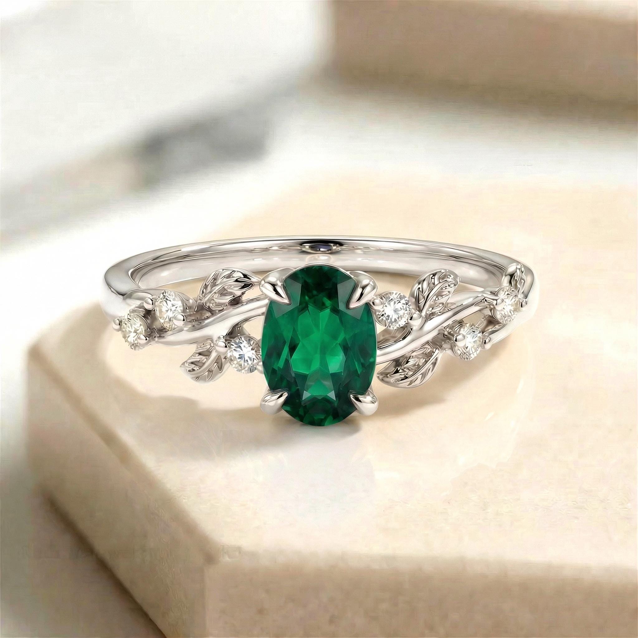 Emerald Ring for Women – Gift for Mom – 14K Gold Nature Inspired Jewelry