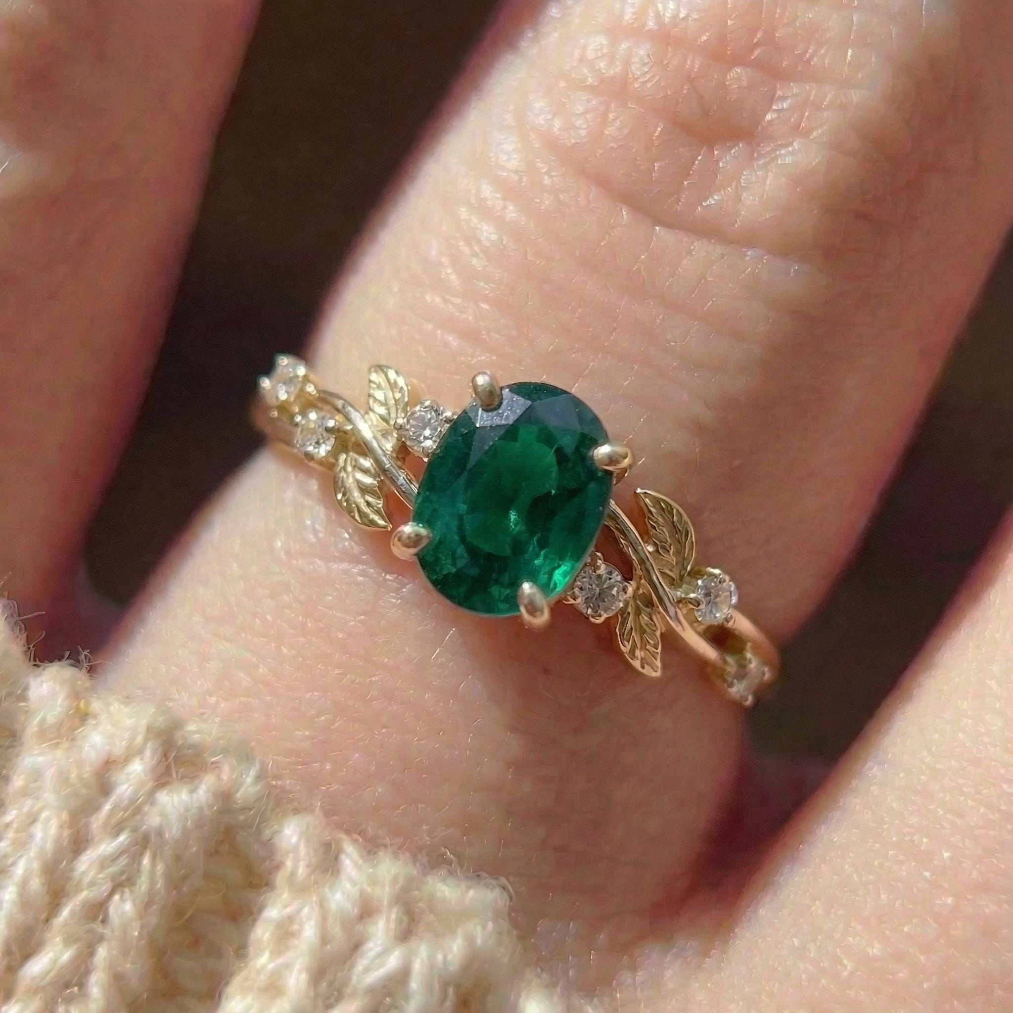 Emerald Ring for Women – Gift for Mom – 14K Gold Nature Inspired Jewelry