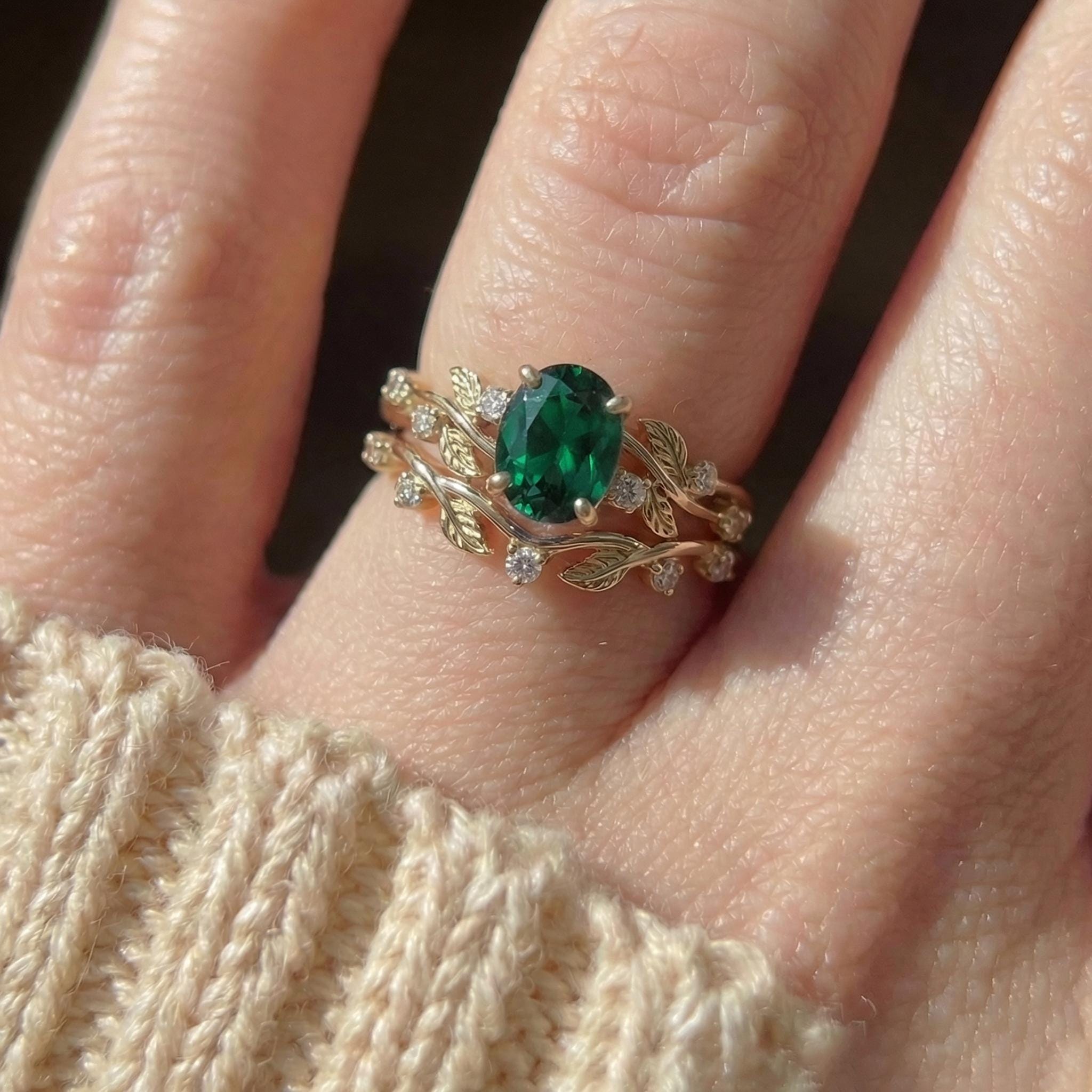 Emerald Ring for Women – Gift for Mom – 14K Gold Nature Inspired Jewelry