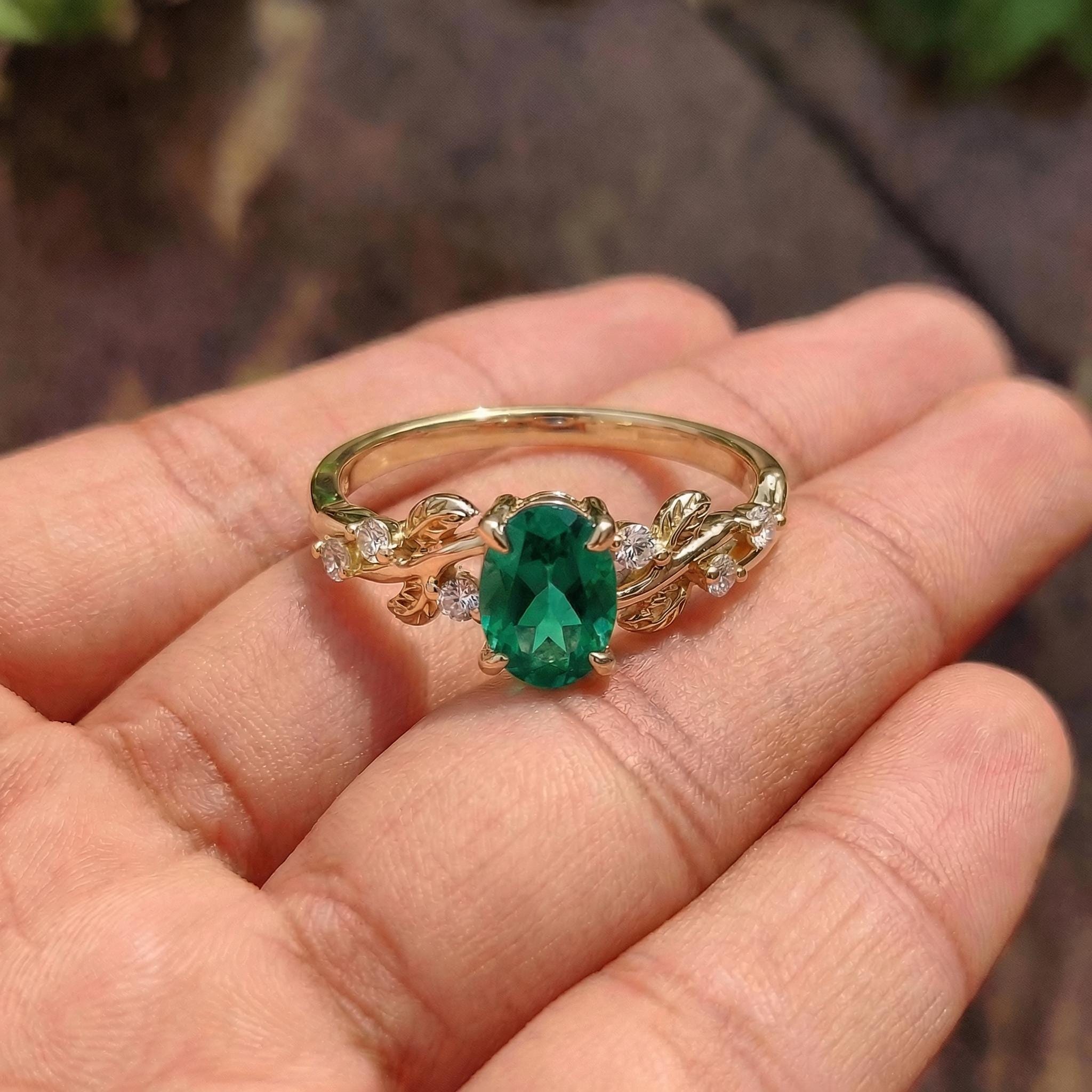 Emerald Ring for Women – Gift for Mom – 14K Gold Nature Inspired Jewelry