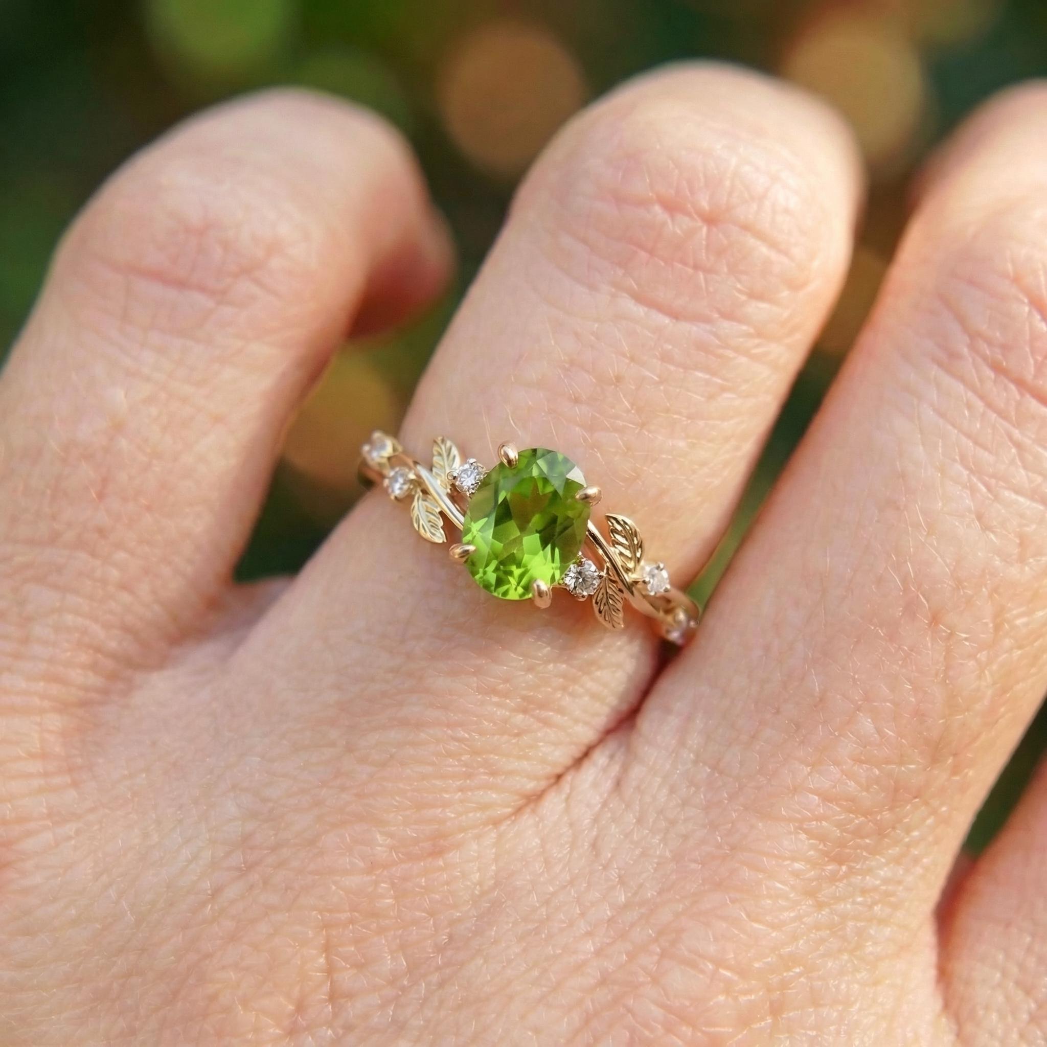 Nature Inspired Leaf Branch Peridot Ring – Gift for Mom – Leaf Branch Peridot Ring