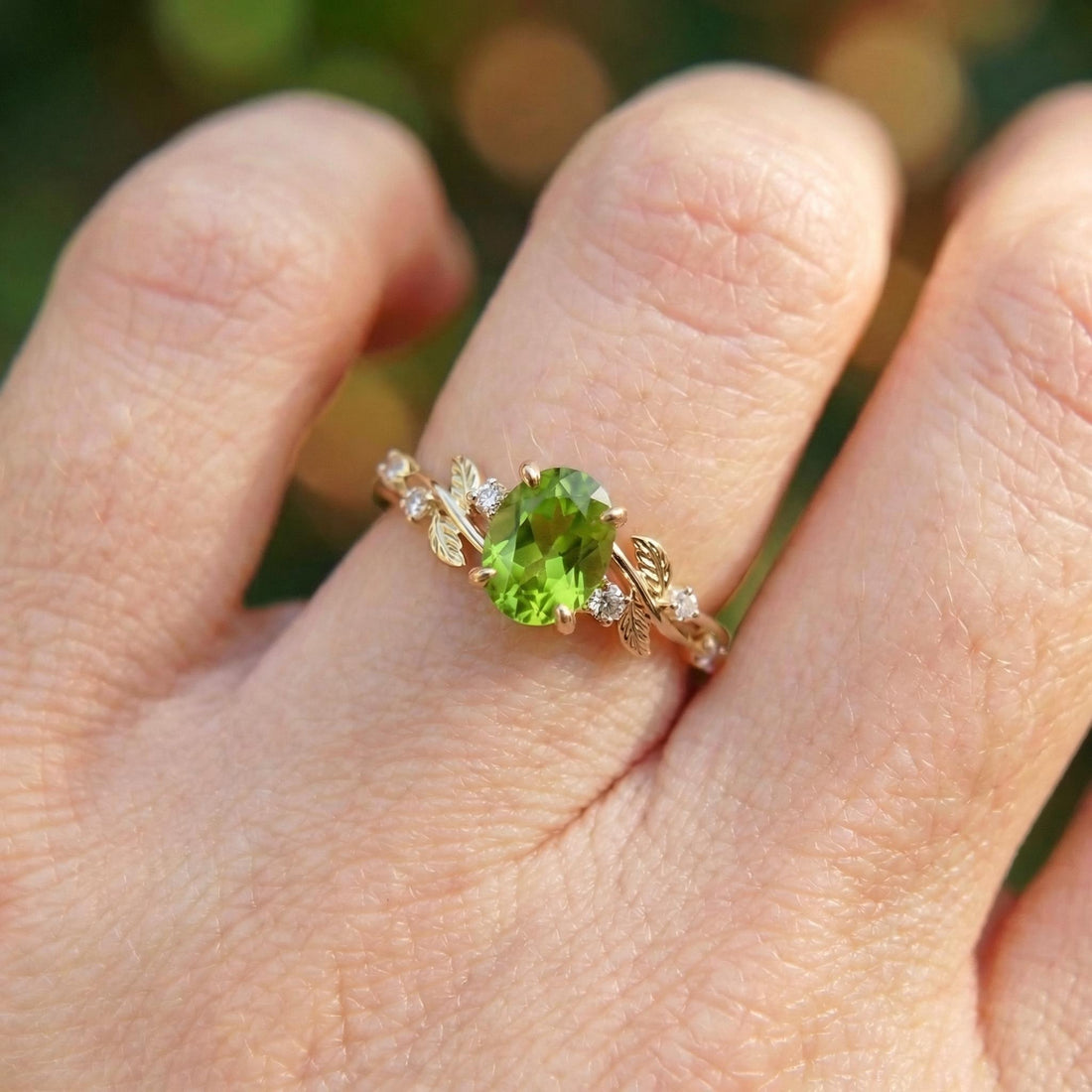 Nature Inspired Leaf Branch Peridot Ring – Gift for Mom – Leaf Branch Peridot Ring
