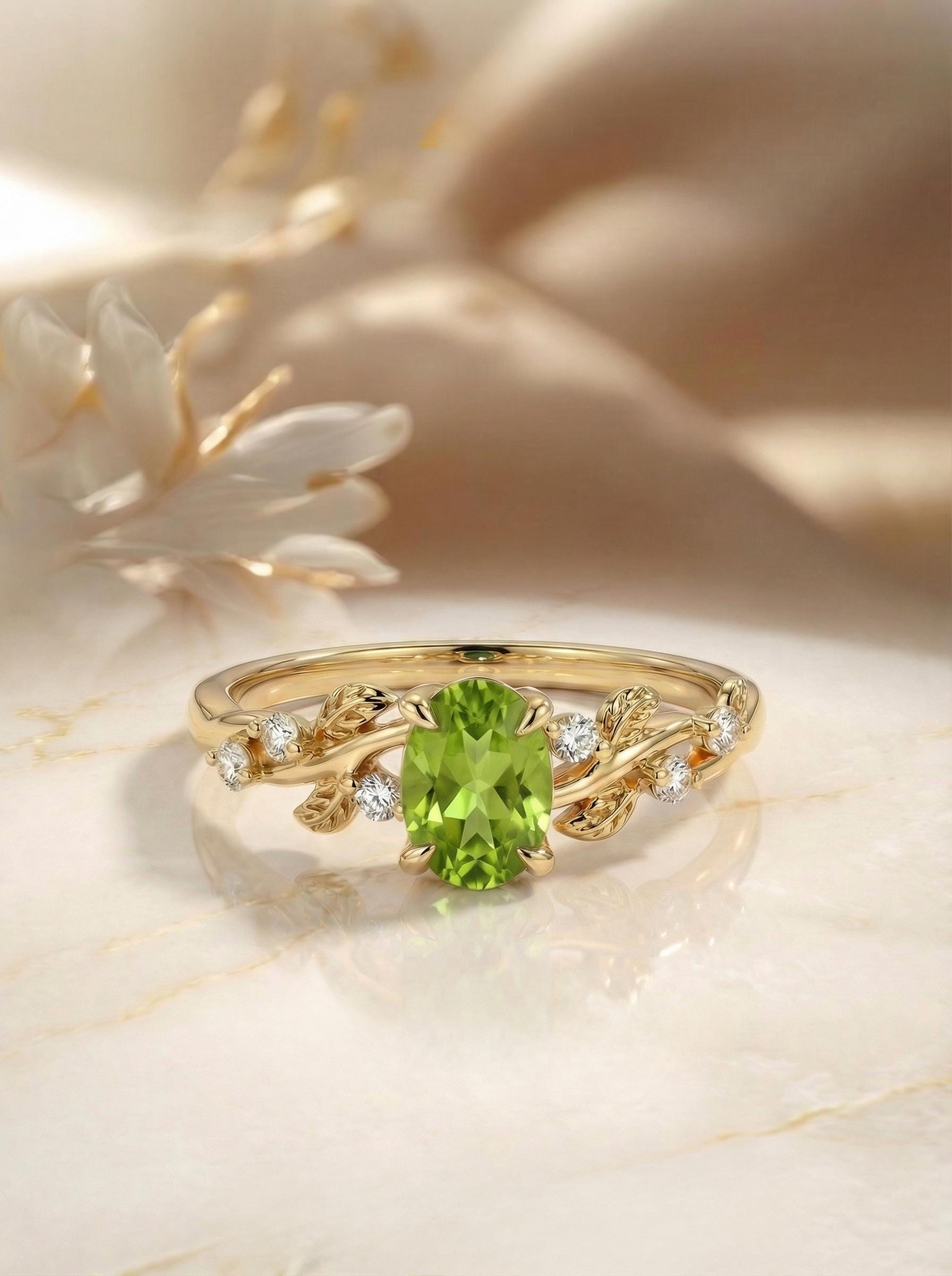 Nature Inspired Leaf Branch Peridot Ring – Gift for Mom – Leaf Branch Peridot Ring