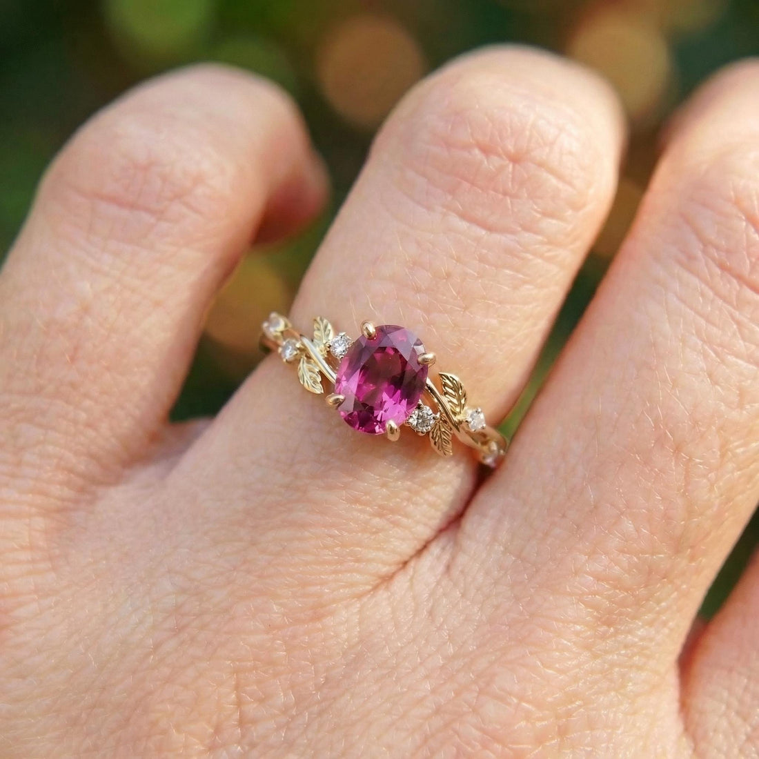 Padparadscha Sapphire Ring for Women – Anniversary Gift – Gold Nature Inspired Jewelry