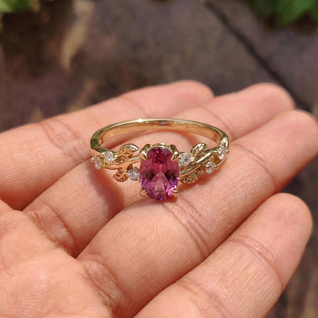 Padparadscha Sapphire Ring for Women – Anniversary Gift – Gold Nature Inspired Jewelry