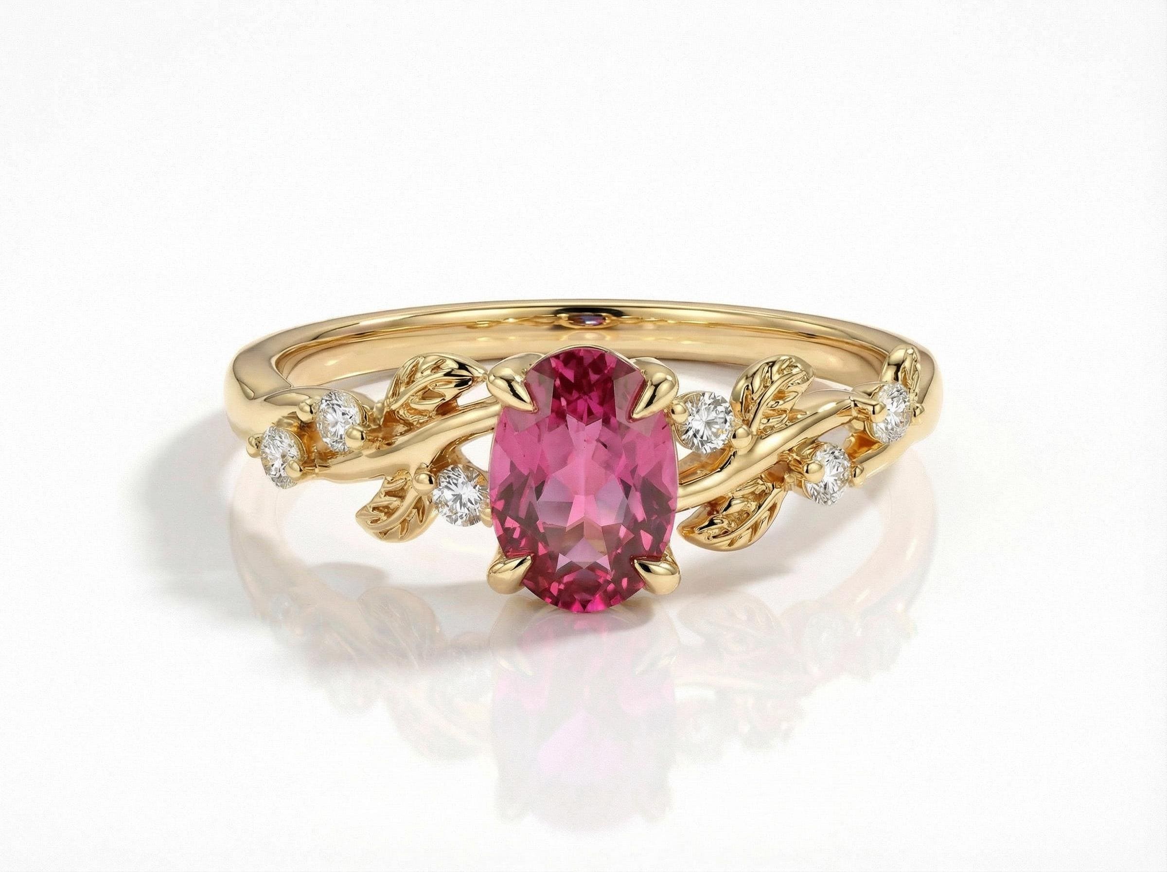 Pink Tourmaline Ring for Women – Push Present – 14K Gold Nature Inspired Jewelry