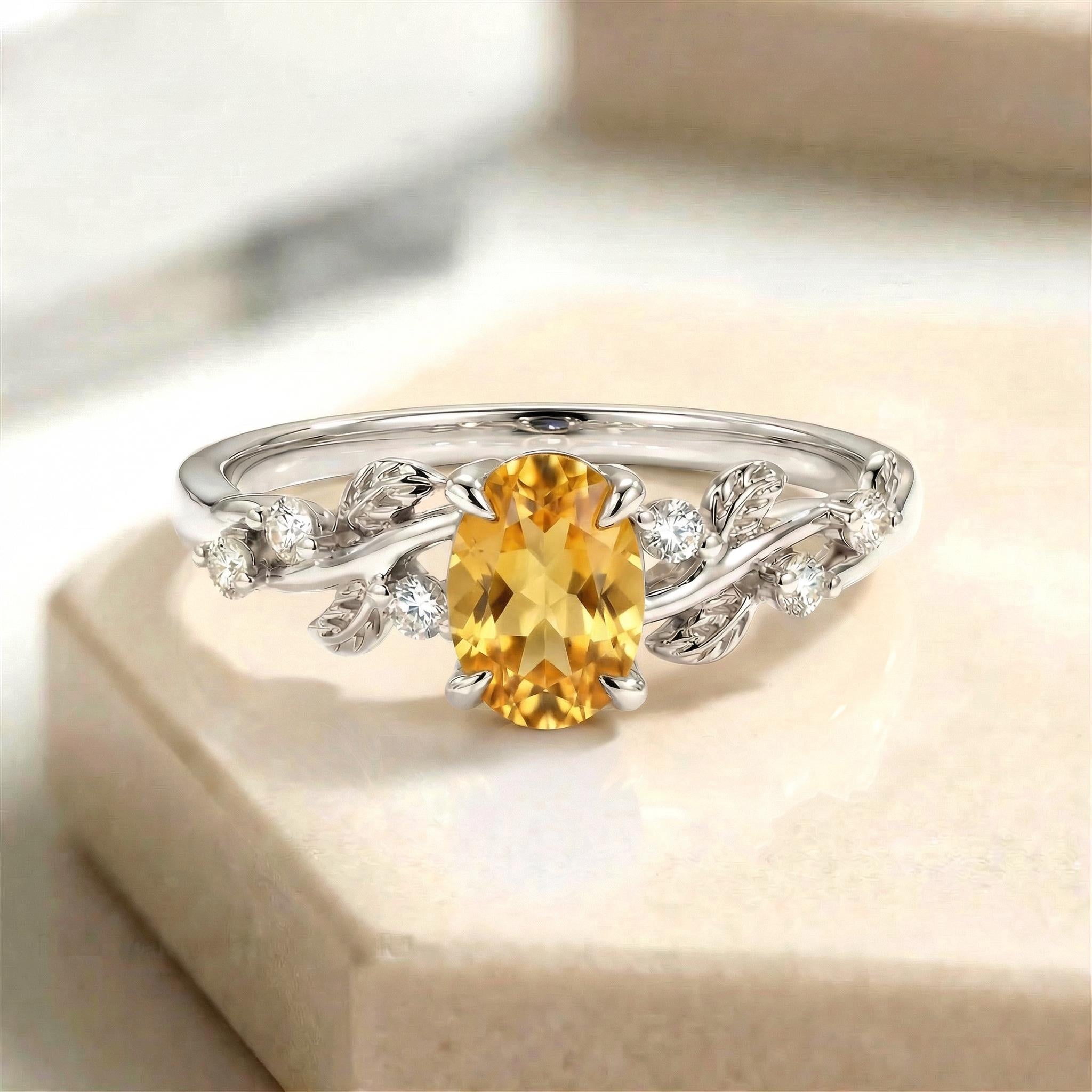 Citrine Ring for Women – Birthday Gift – 14K Gold Nature Inspired Jewelry - Anniversary Gift