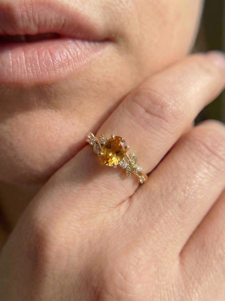 Citrine Ring for Women – Birthday Gift – 14K Gold Nature Inspired Jewelry - Anniversary Gift