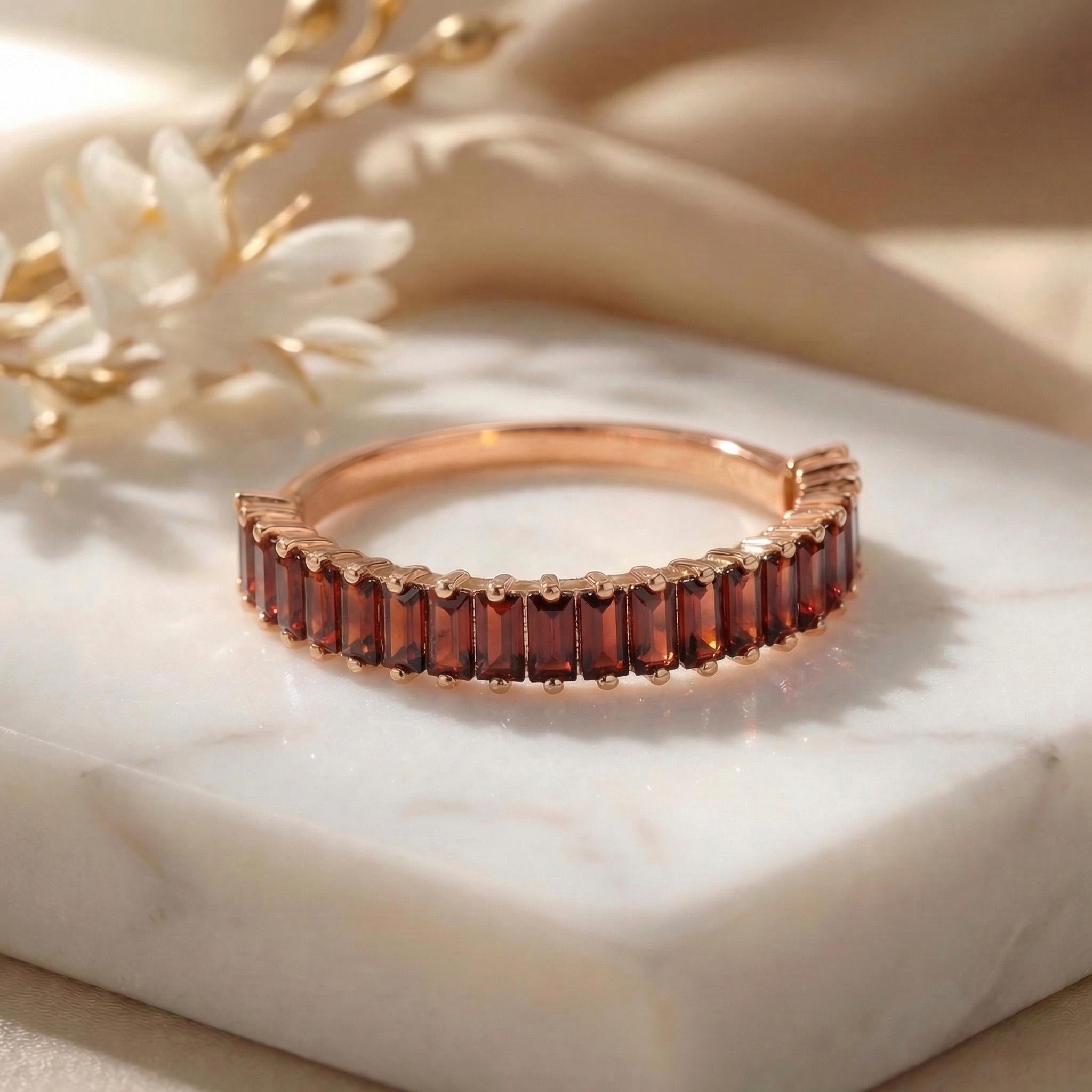 Baguette Garnet Wedding Band, 18K Gold Stackable Ring, Promise Ring Gift for Women, January Birthstone