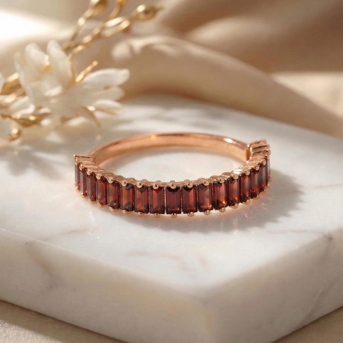 Baguette Garnet Wedding Band, 18K Gold Stackable Ring, Promise Ring Gift for Women, January Birthstone