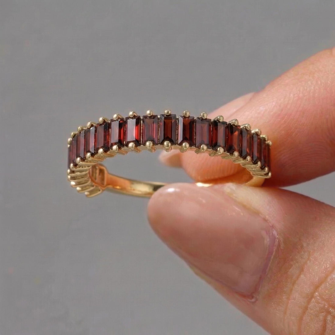 Baguette Garnet Wedding Band, 18K Gold Stackable Ring, Promise Ring Gift for Women, January Birthstone