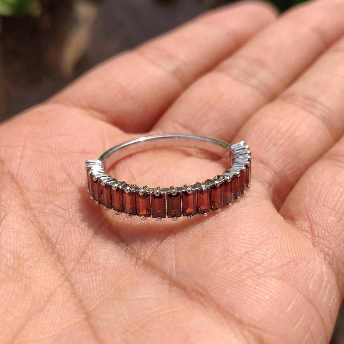 Baguette Garnet Wedding Band, 18K Gold Stackable Ring, Promise Ring Gift for Women, January Birthstone