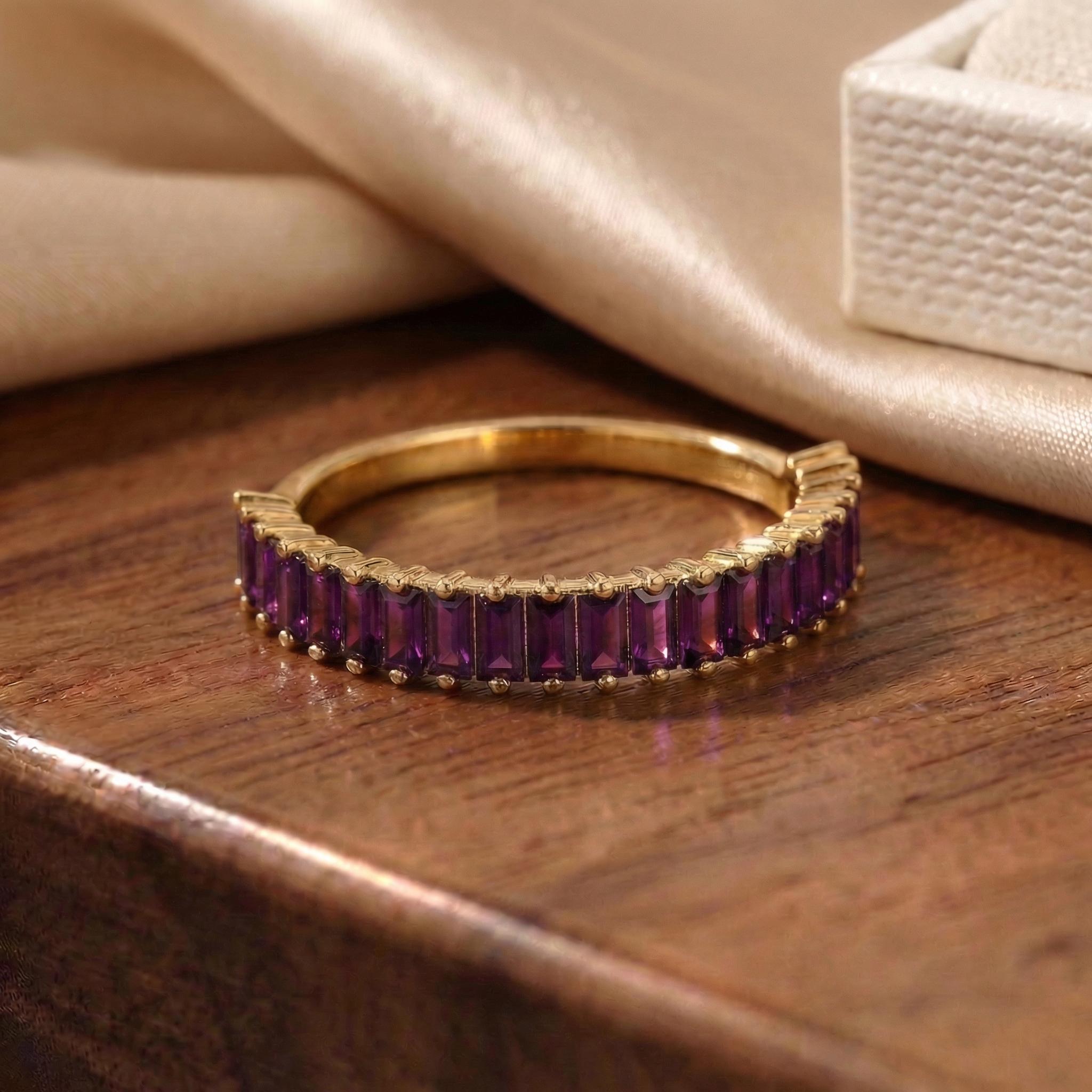 Baguette Amethyst Wedding Band, 18K Gold Stackable Ring, Promise Ring Gift for Women, February Birthstone