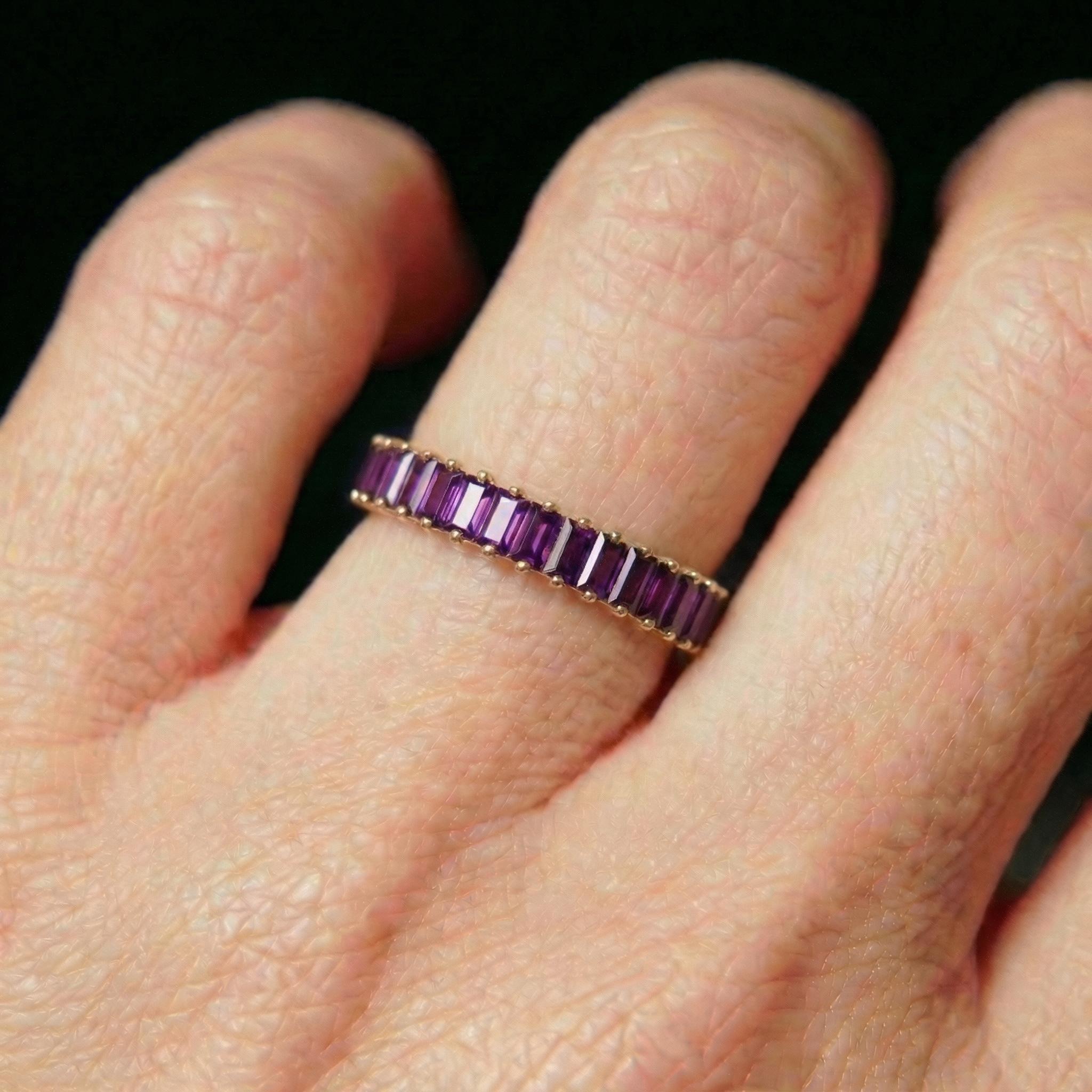 Baguette Amethyst Wedding Band, 18K Gold Stackable Ring, Promise Ring Gift for Women, February Birthstone