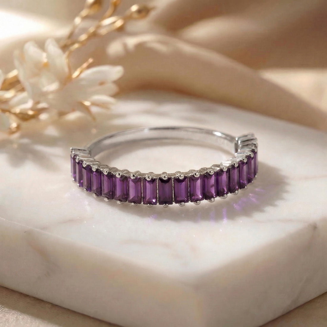 Baguette Amethyst Wedding Band, 18K Gold Stackable Ring, Promise Ring Gift for Women, February Birthstone