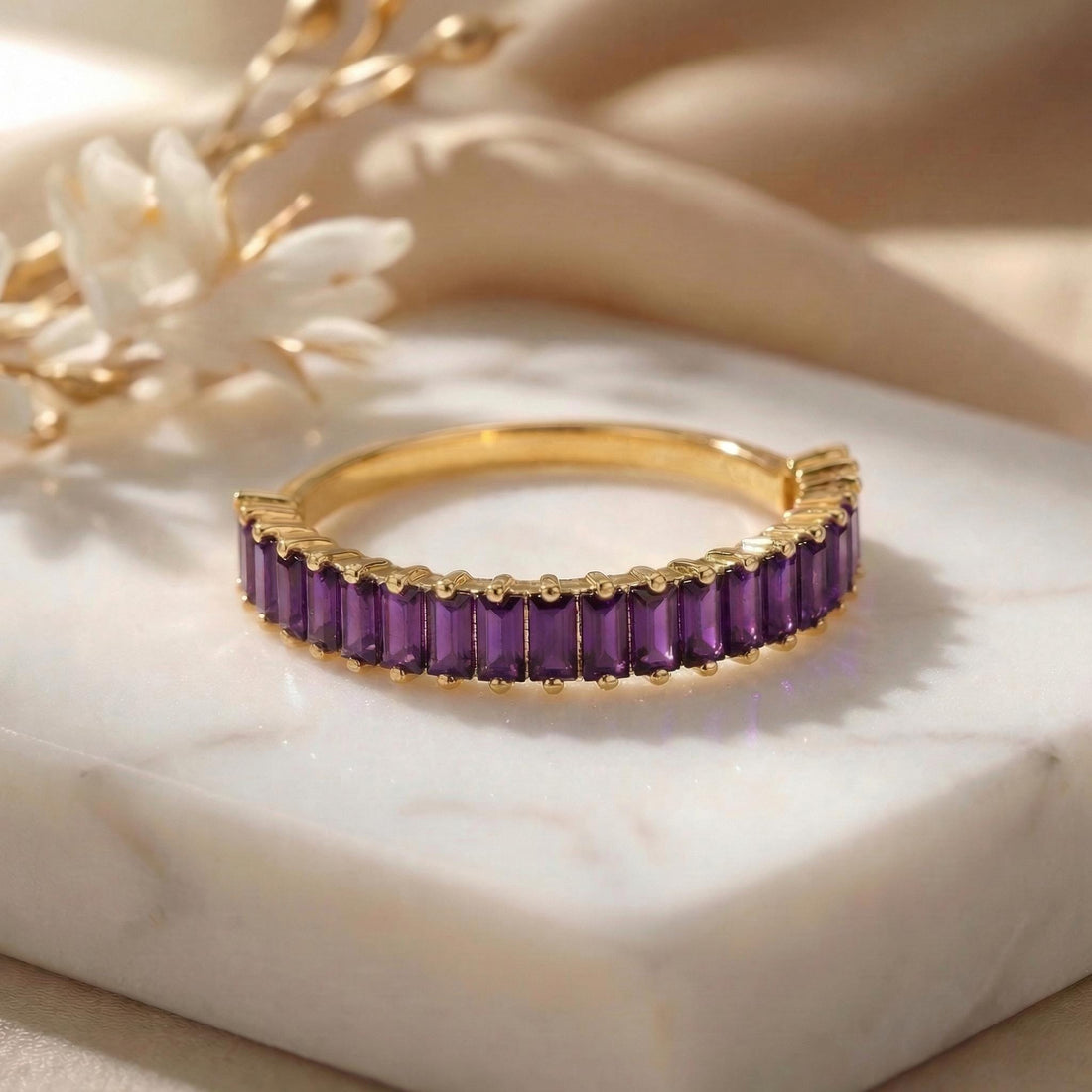 Baguette Amethyst Wedding Band, 18K Gold Stackable Ring, Promise Ring Gift for Women, February Birthstone