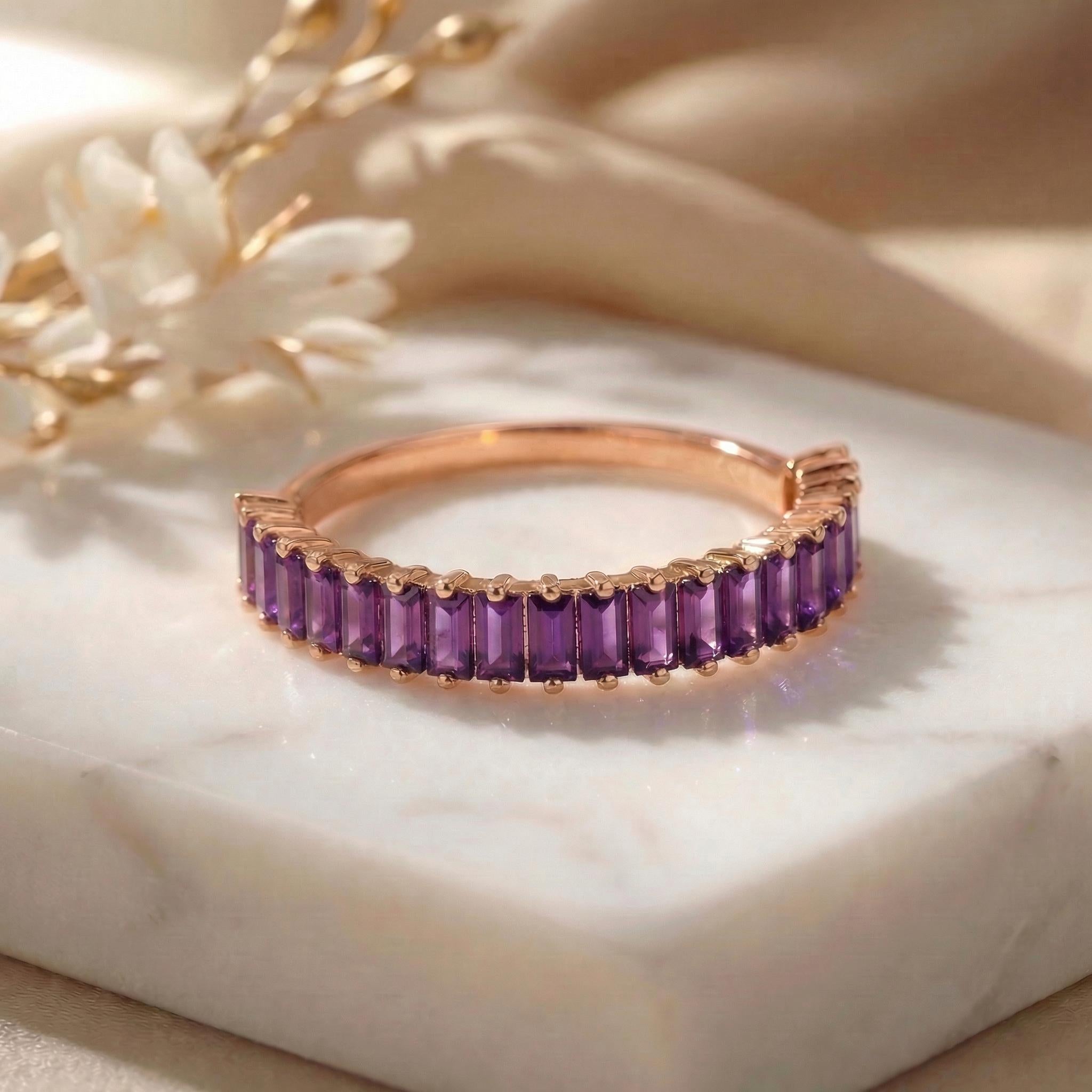 Baguette Amethyst Wedding Band, 18K Gold Stackable Ring, Promise Ring Gift for Women, February Birthstone