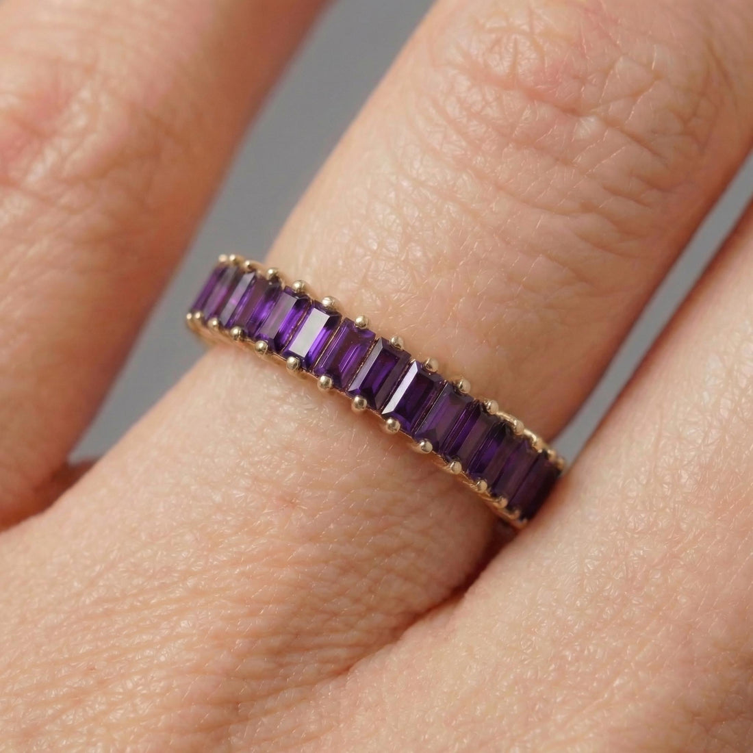 Baguette Amethyst Wedding Band, 18K Gold Stackable Ring, Promise Ring Gift for Women, February Birthstone